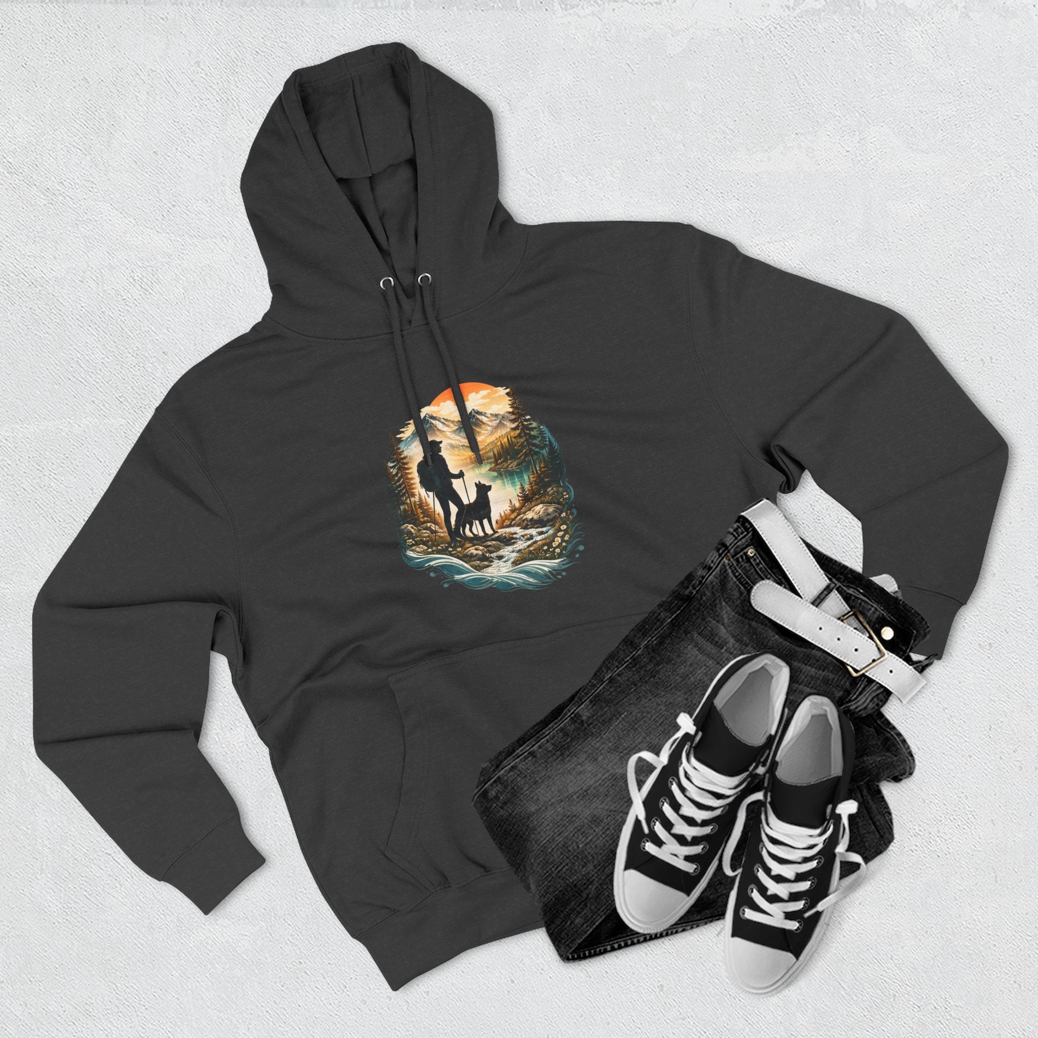 Women's Hiking with Dog in Mountains at Sunset Hoodie