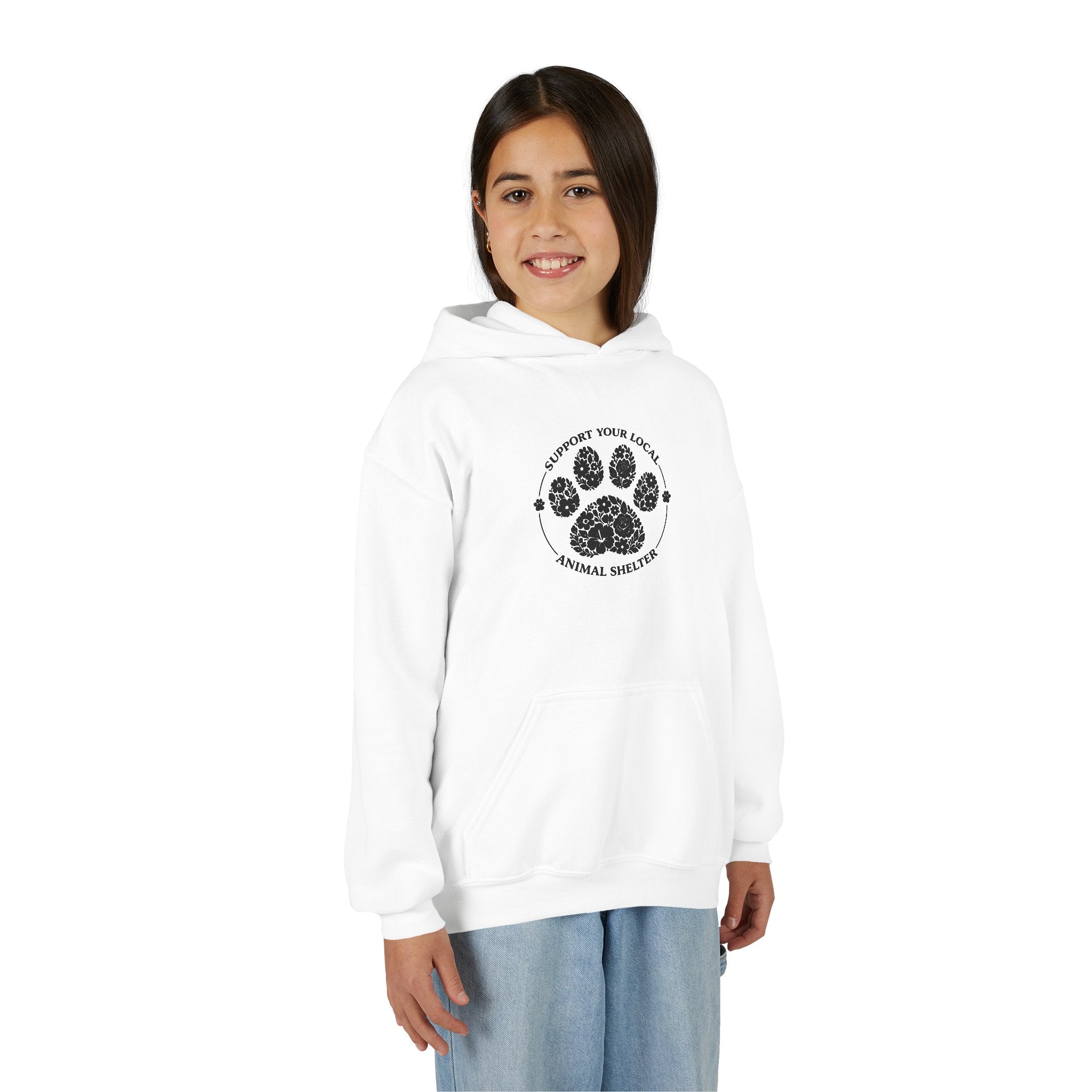 Youth Paw Print Hoodie — 'Support Your Local Animal Shelter' Kids Sweatshirt