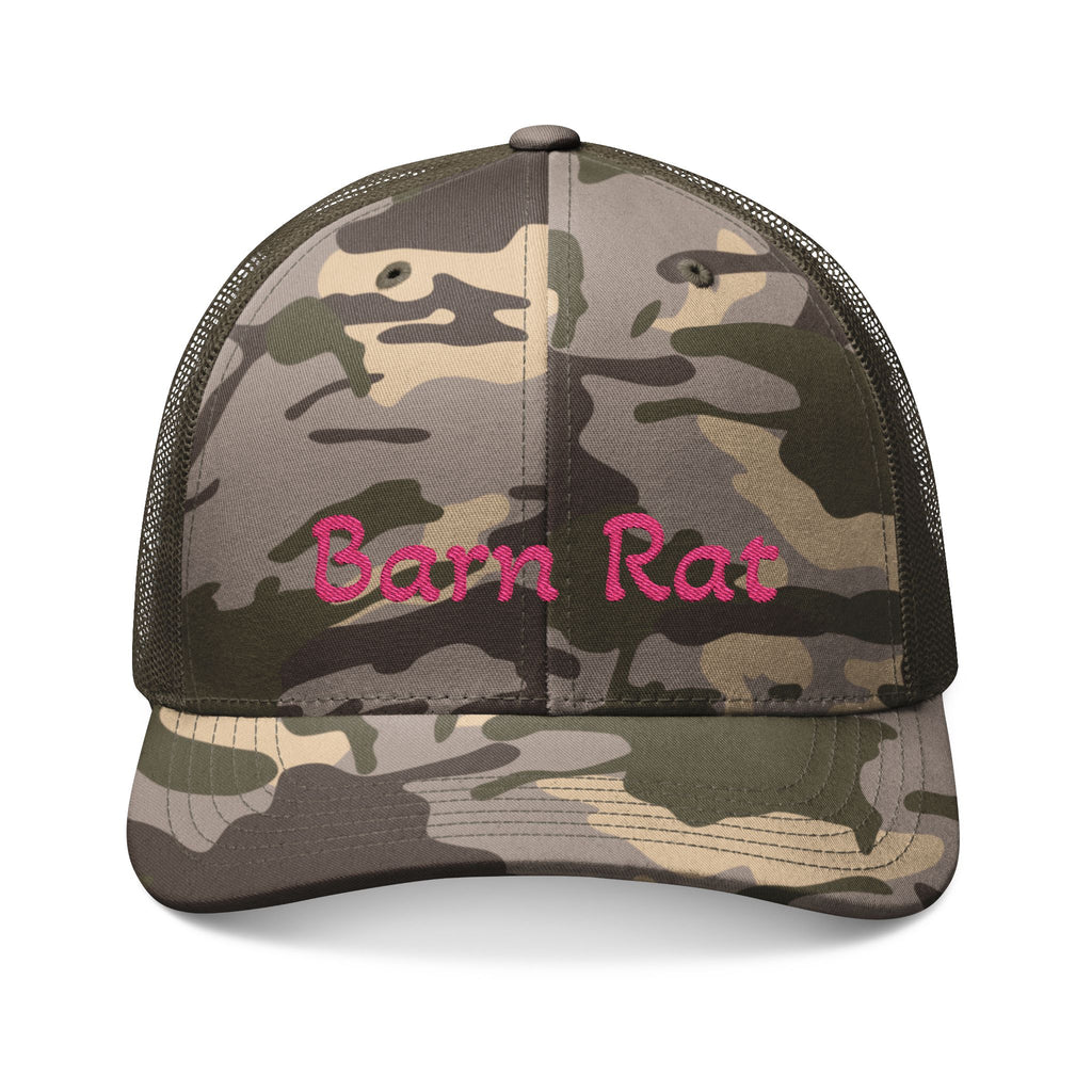 Camouflage Trucker Hat — Embroidered "Barn Rat" Pink Script