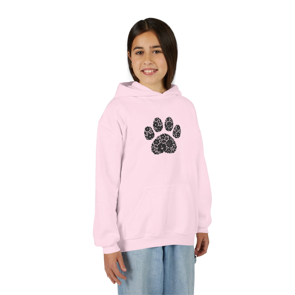 Youth Paw Print Hoodie — Floral Leopard Paw Graphic Sweatshirt for Kids