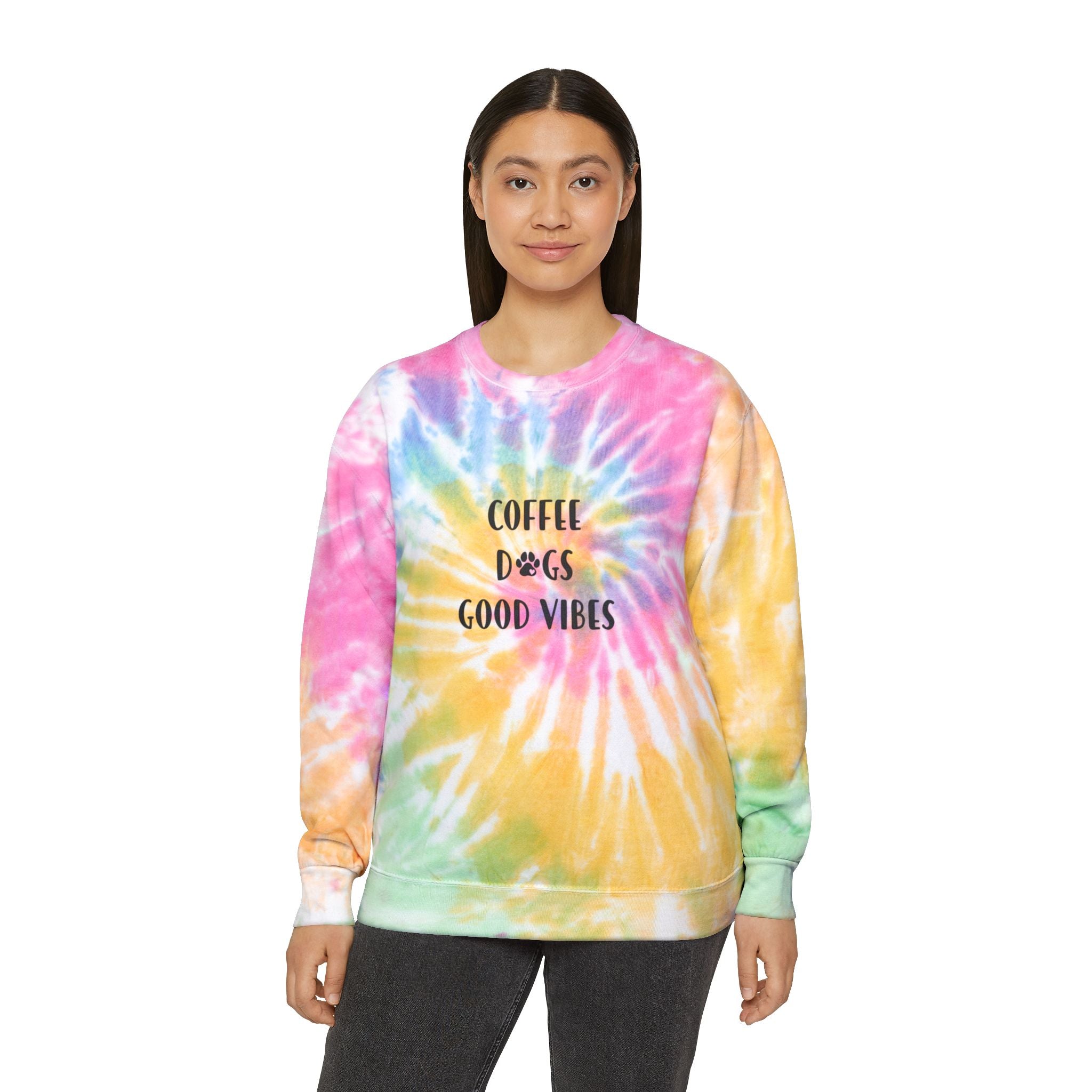Tie-Dye Sweatshirt — "Coffee Dogs Good Vibes" Light Blue Cozy Pullover
