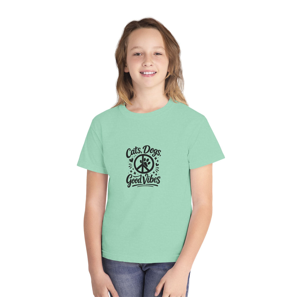 Youth Tee - "Cats. Dogs. Good Vibes" Peace Sign Graphic