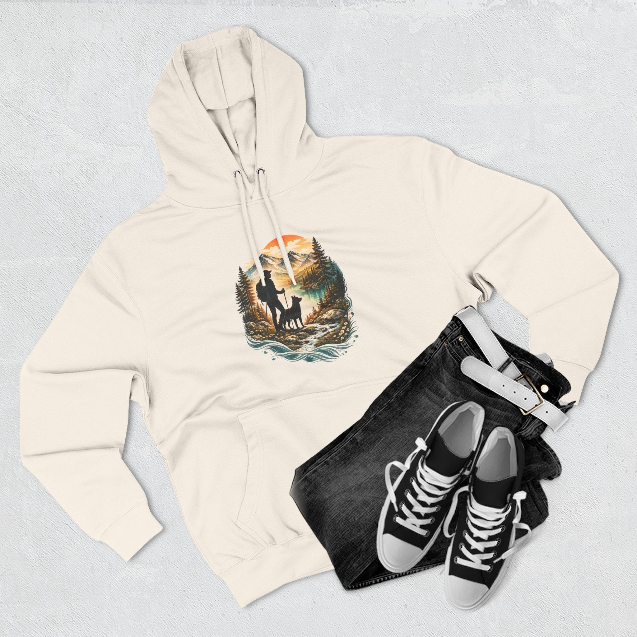 Women's Hiking with Dog in Mountains at Sunset Hoodie