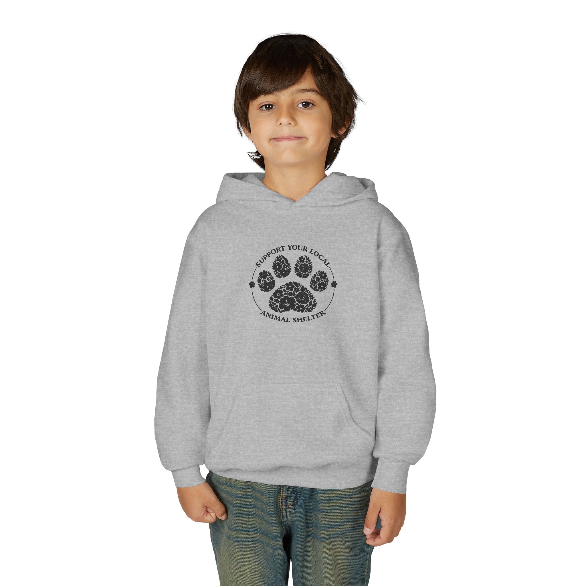 Youth Paw Print Hoodie — 'Support Your Local Animal Shelter' Kids Sweatshirt