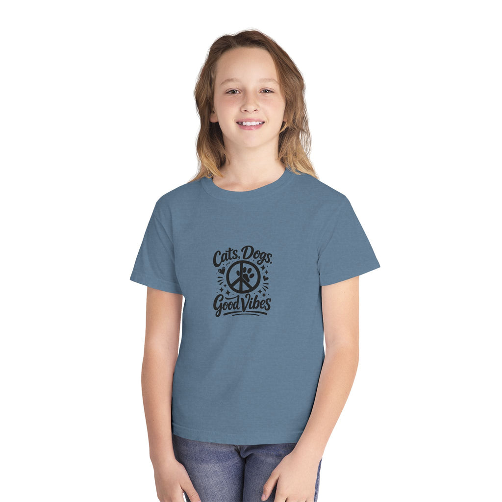 Youth Tee - "Cats. Dogs. Good Vibes" Peace Sign Graphic