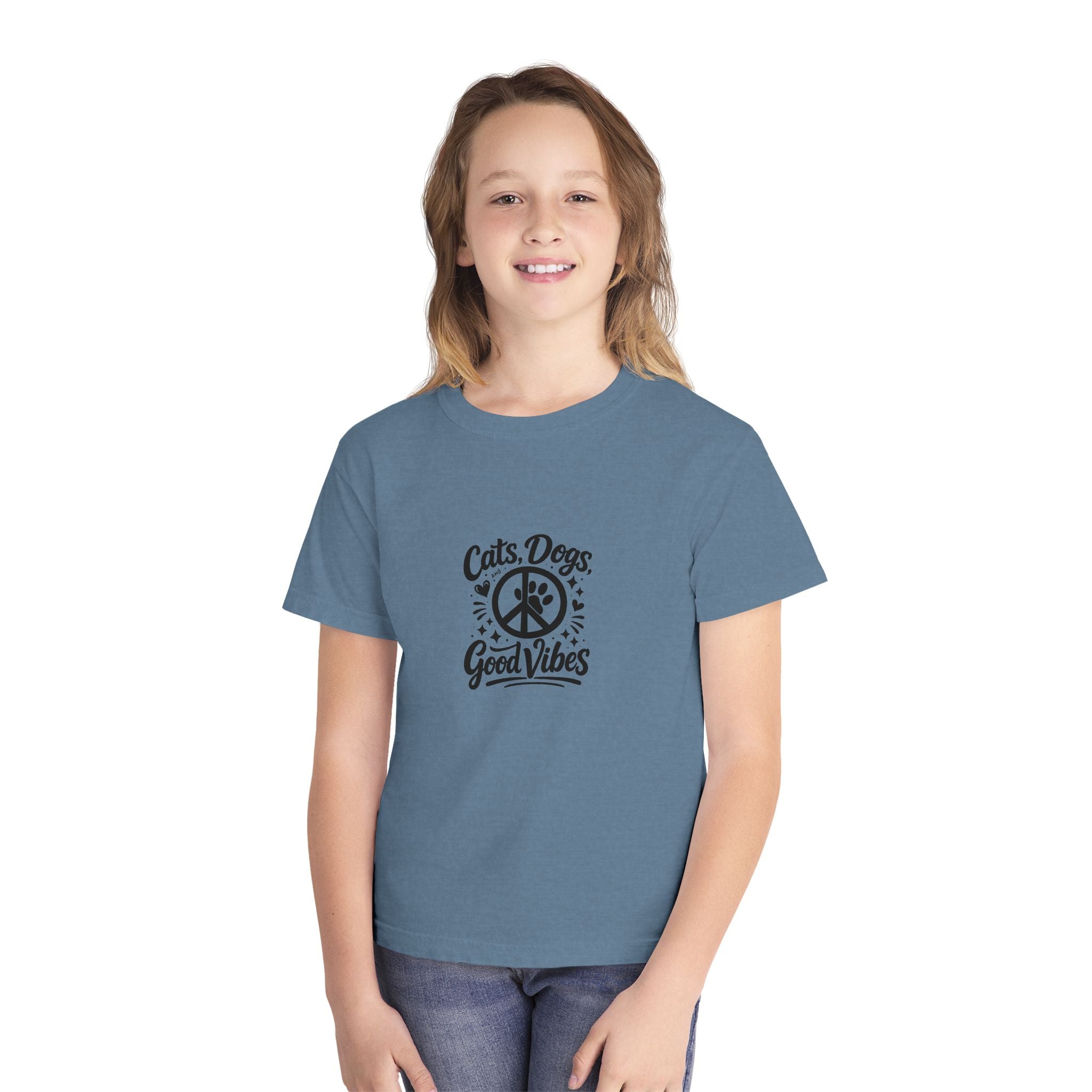 Youth Tee - "Cats. Dogs. Good Vibes" Peace Sign Graphic
