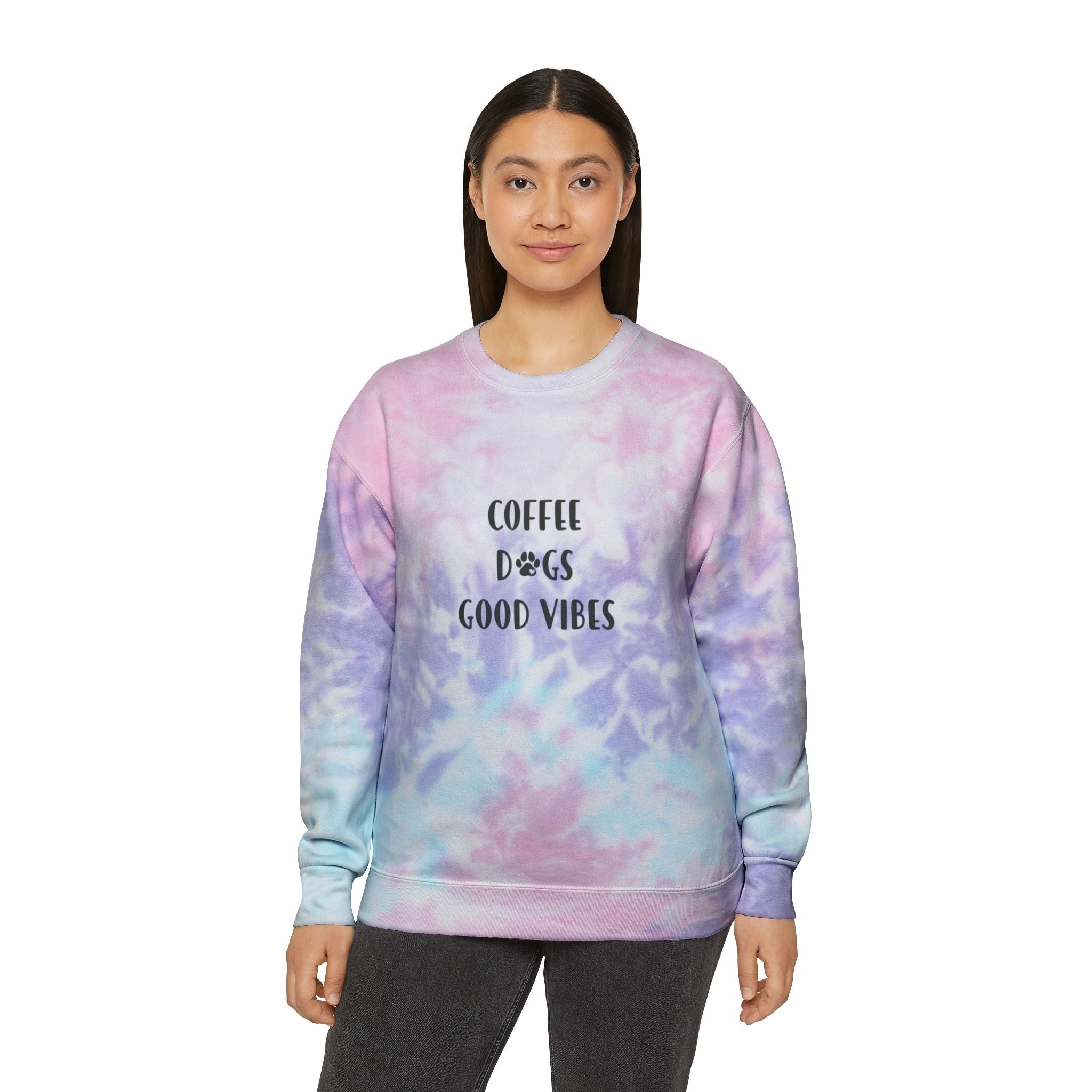 Tie-Dye Sweatshirt — "Coffee Dogs Good Vibes" Light Blue Cozy Pullover