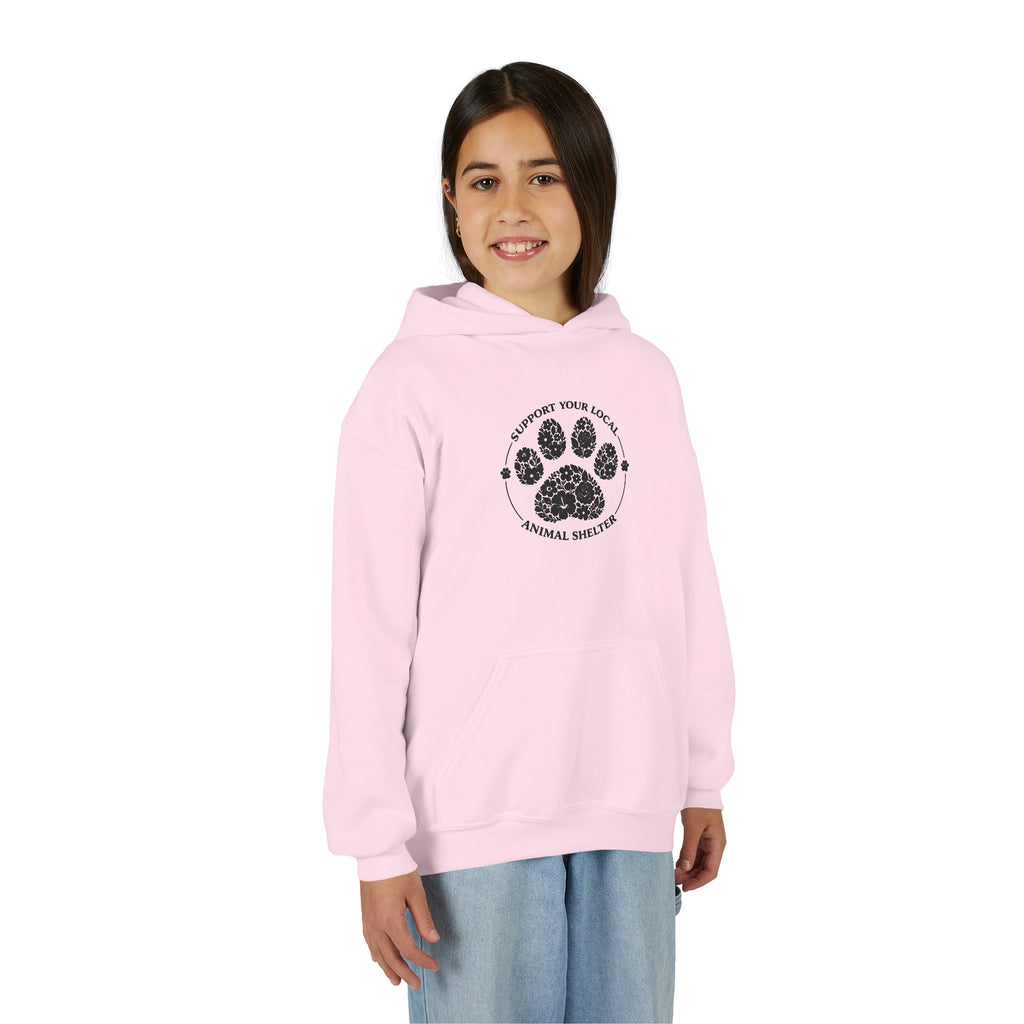 Youth Paw Print Hoodie — 'Support Your Local Animal Shelter' Kids Sweatshirt