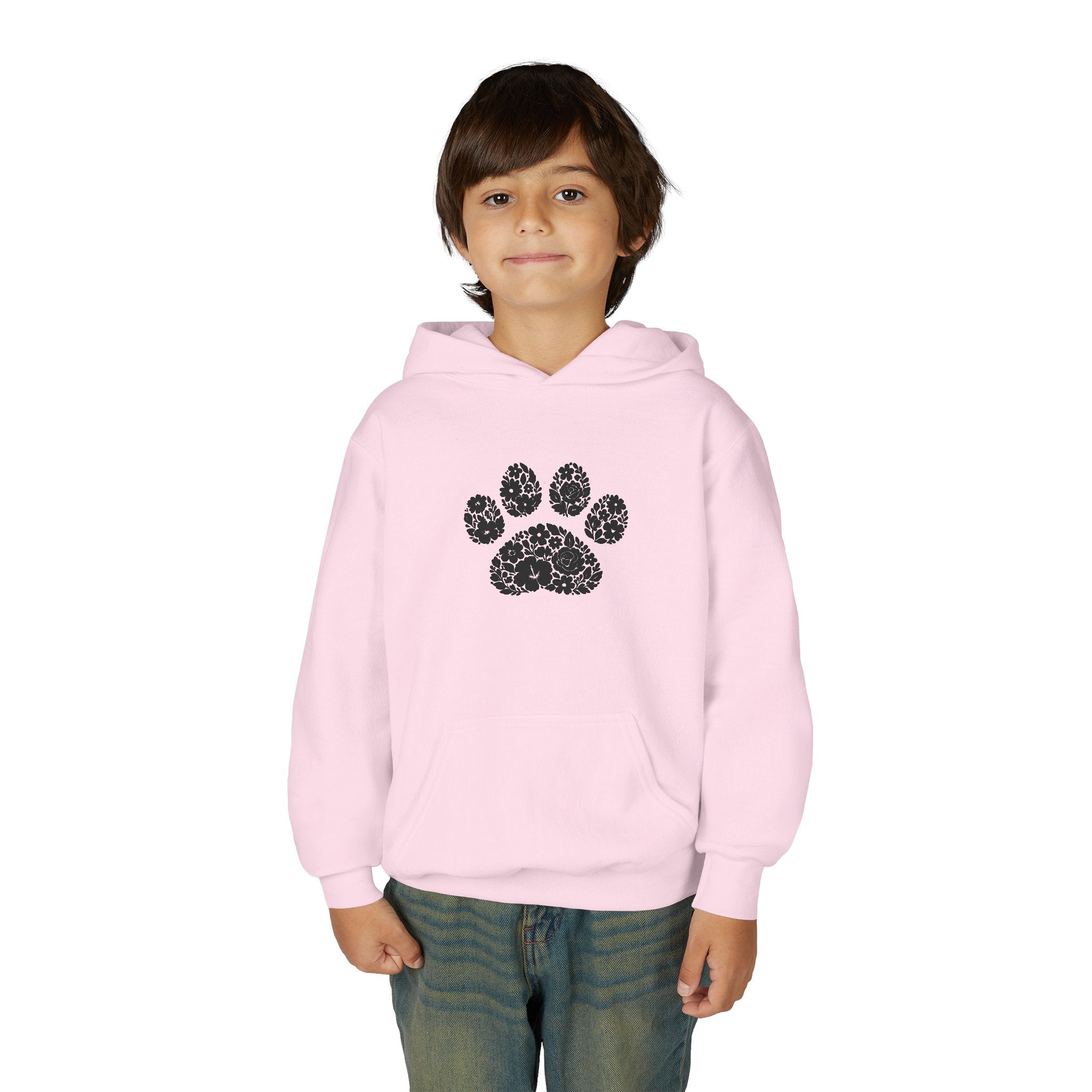 Youth Paw Print Hoodie — Floral Leopard Paw Graphic Sweatshirt for Kids