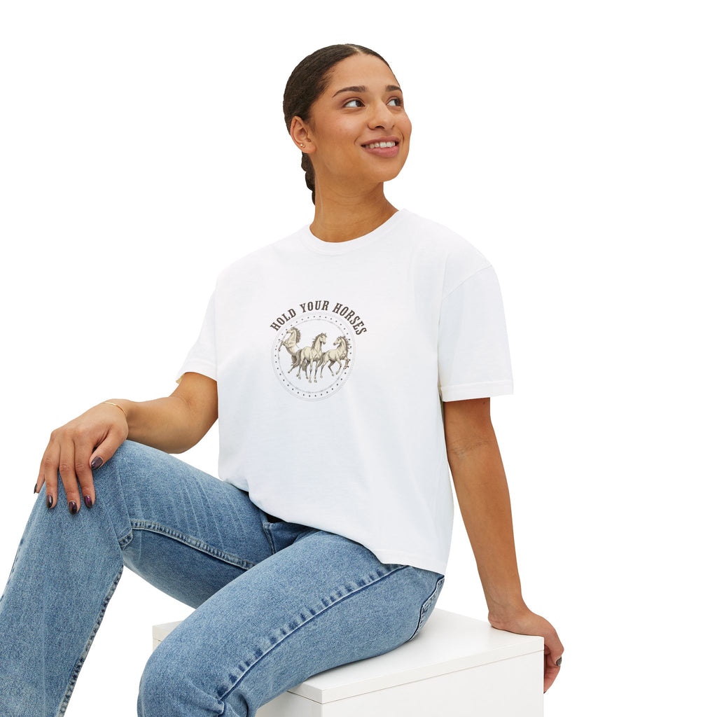 Women's Boxy Tee — 'Hold Your Horses' Vintage Horse Graphic Tee