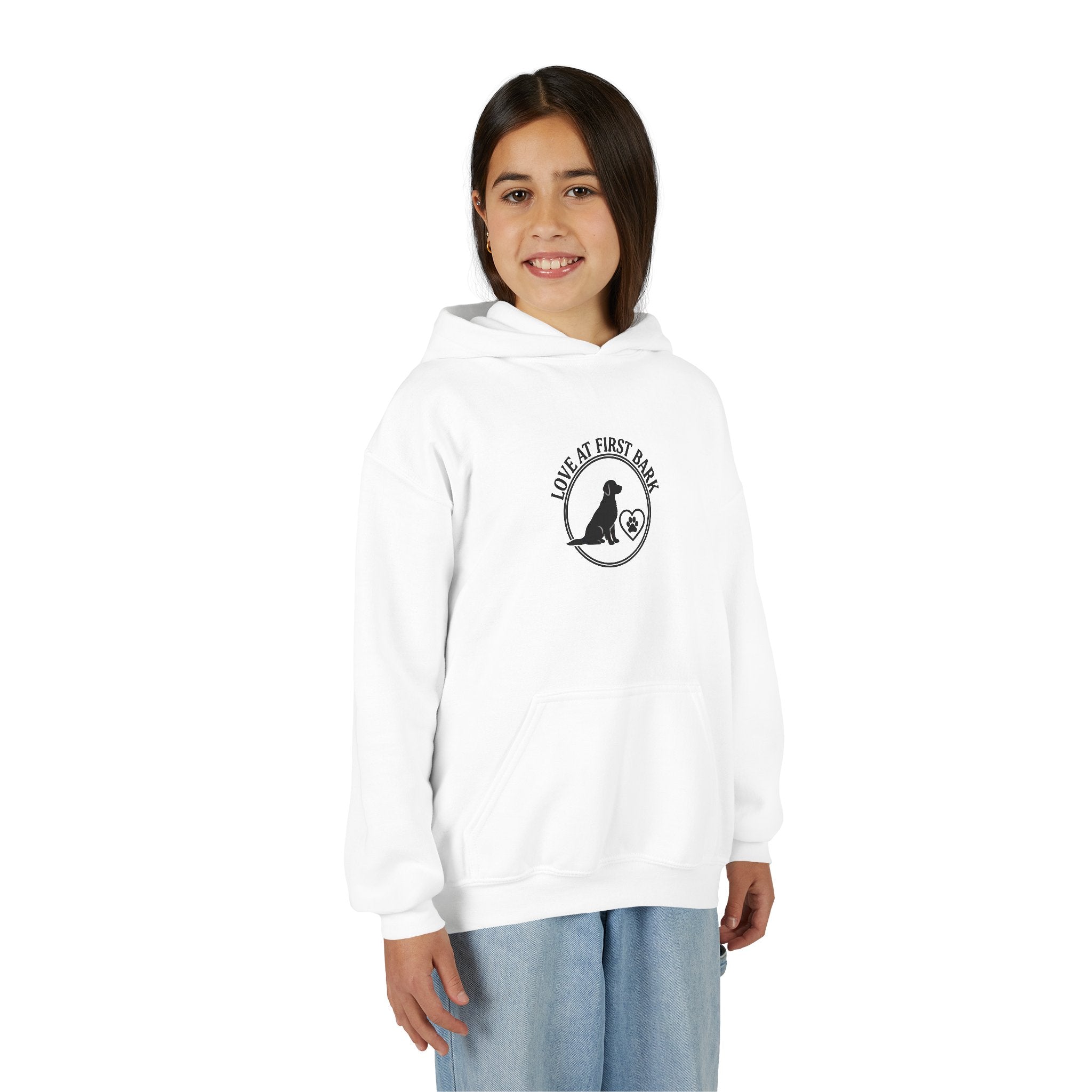 Youth Hoodie — "Love at First Bark" Puppy Graphic