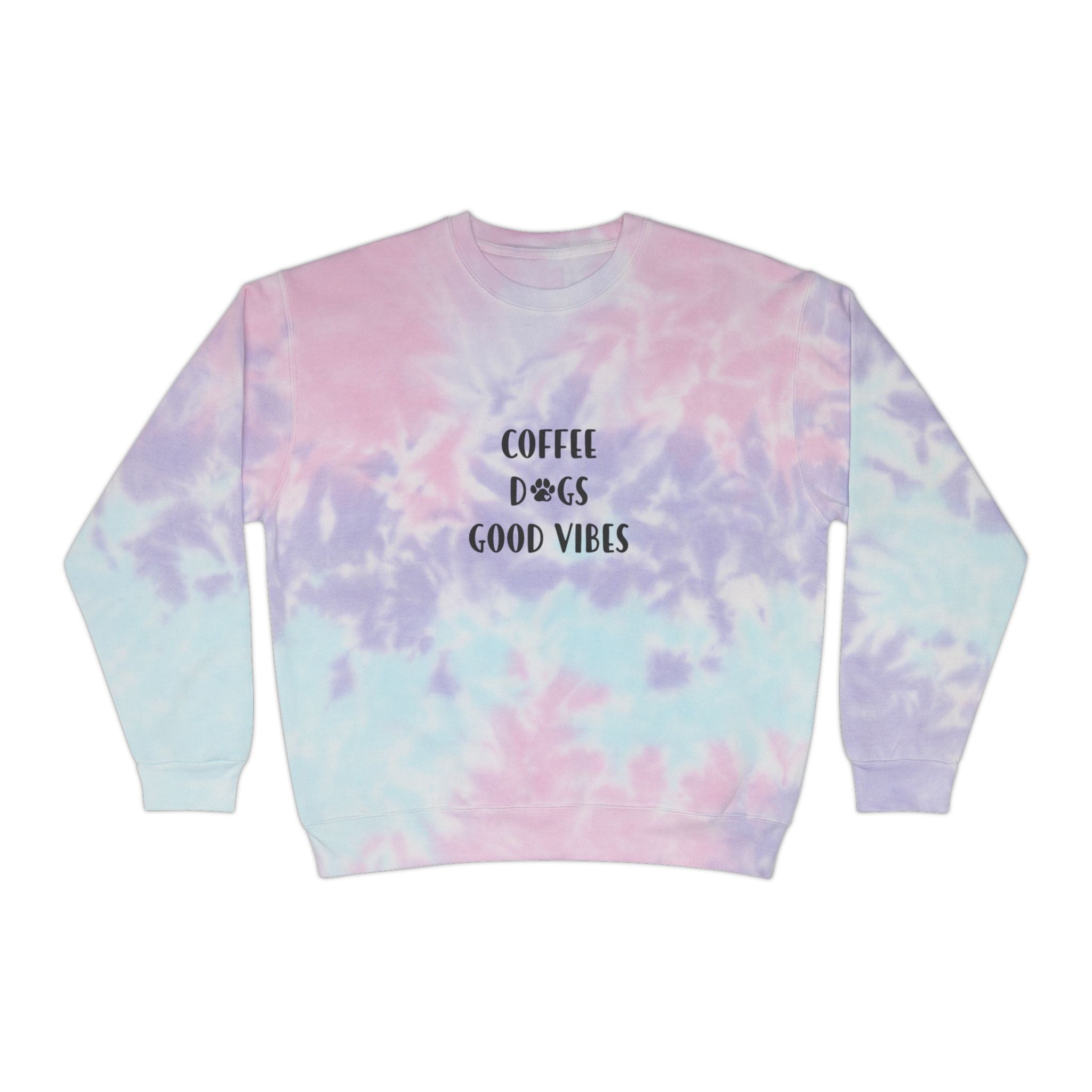 Tie-Dye Sweatshirt — "Coffee Dogs Good Vibes" Light Blue Cozy Pullover
