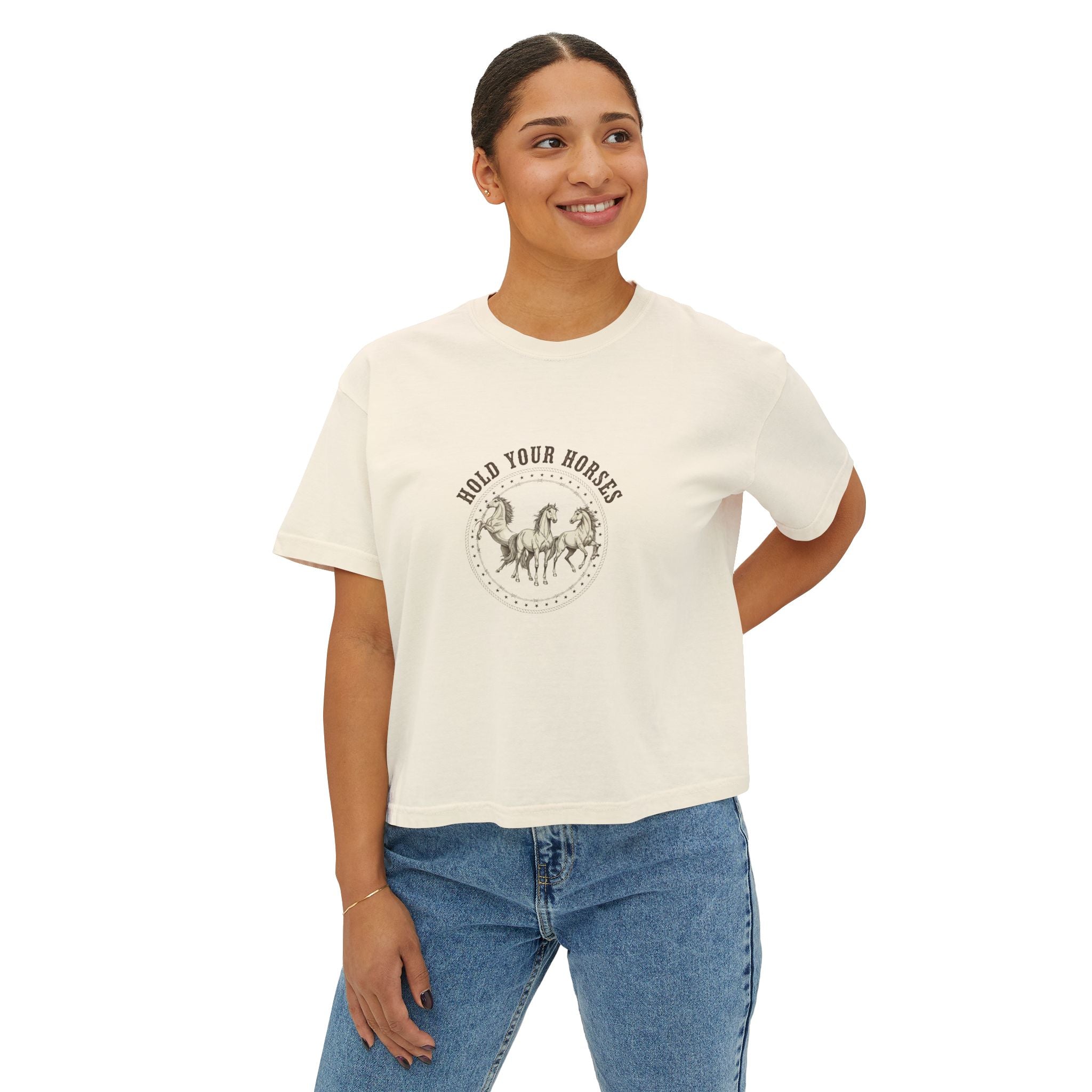 Women's Boxy Tee — 'Hold Your Horses' Vintage Horse Graphic Tee