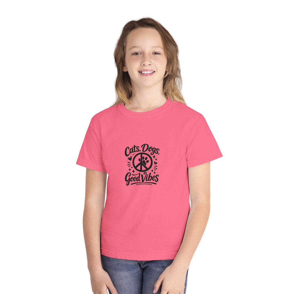 Youth Tee - "Cats. Dogs. Good Vibes" Peace Sign Graphic