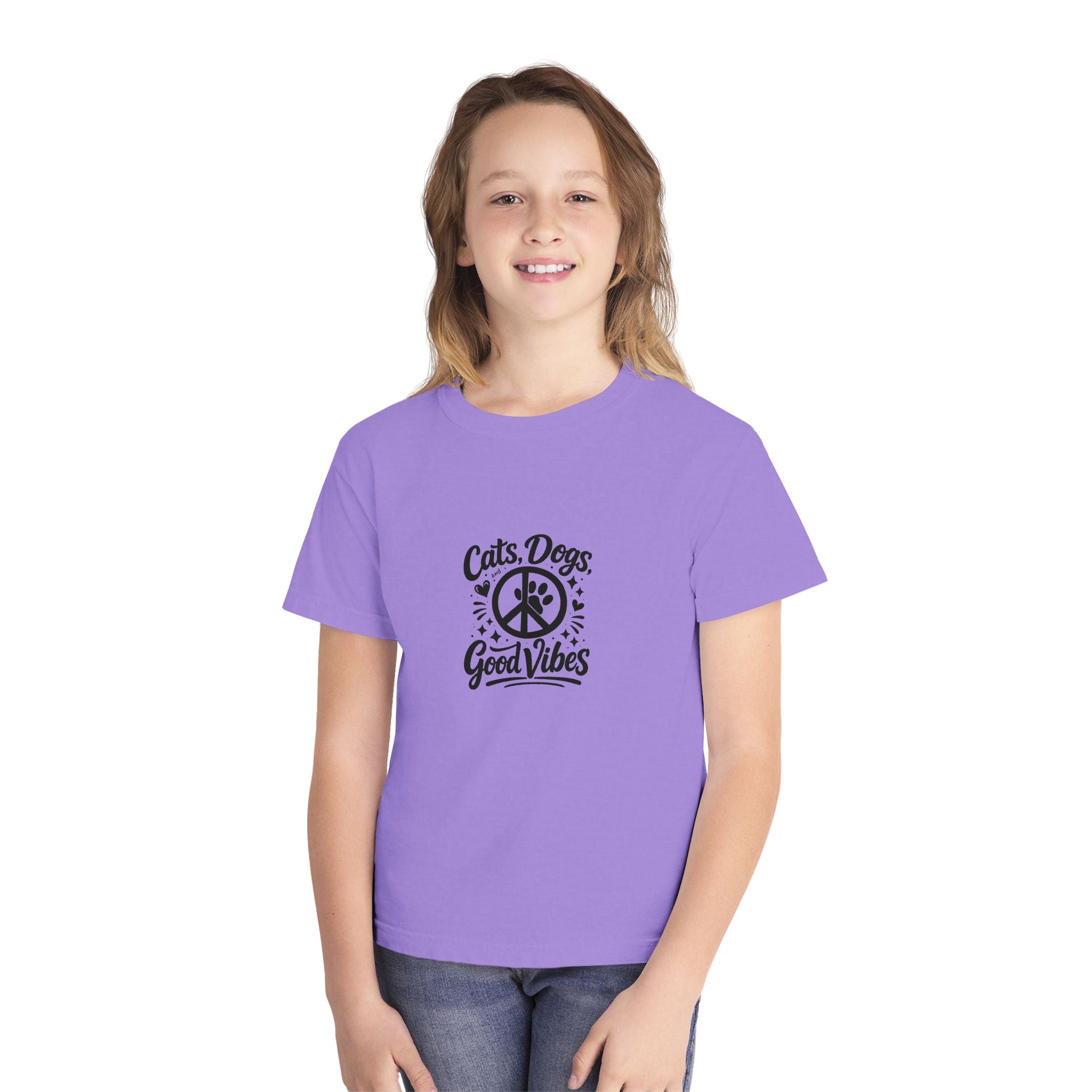 Youth Tee - "Cats. Dogs. Good Vibes" Peace Sign Graphic