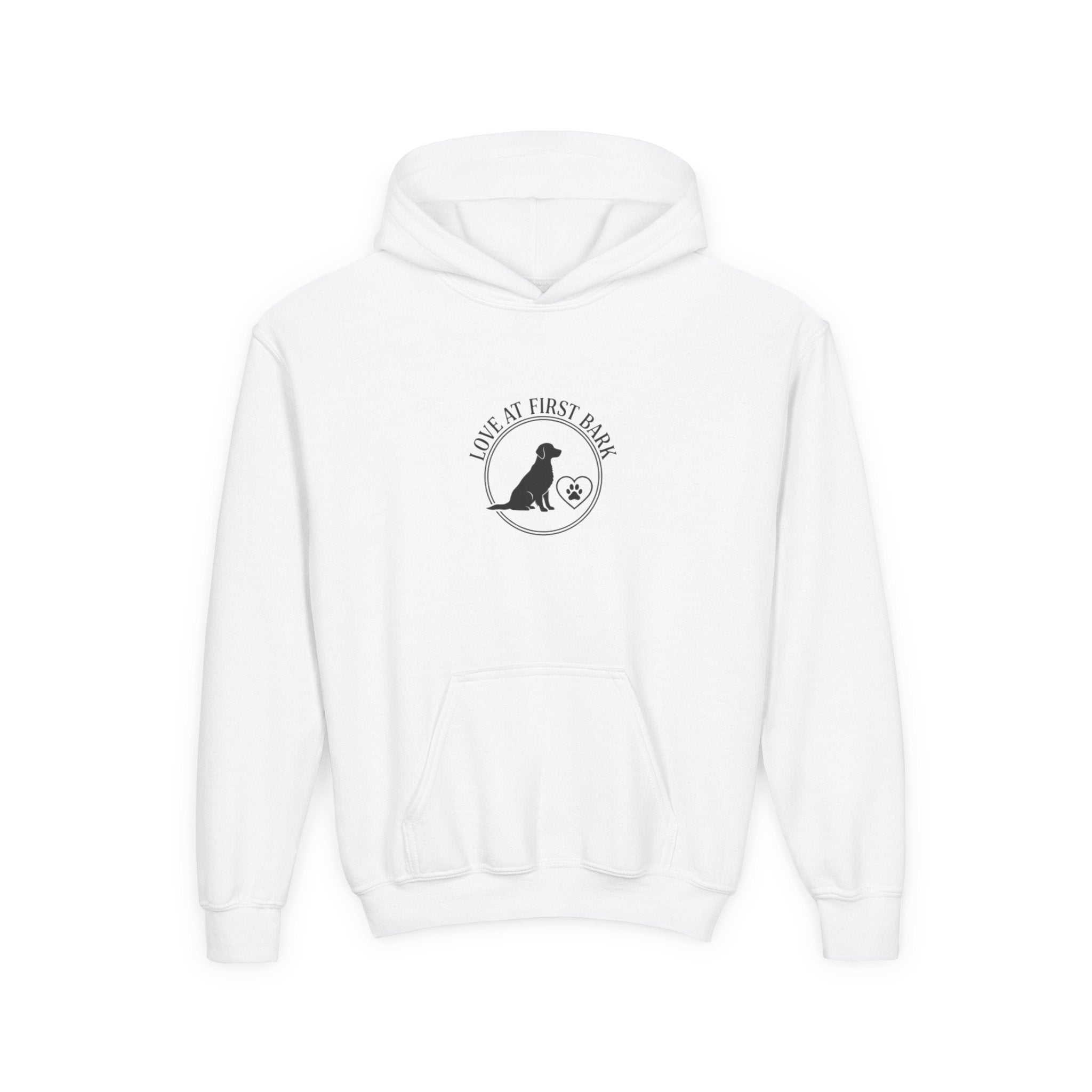 Youth Hoodie — "Love at First Bark" Puppy Graphic