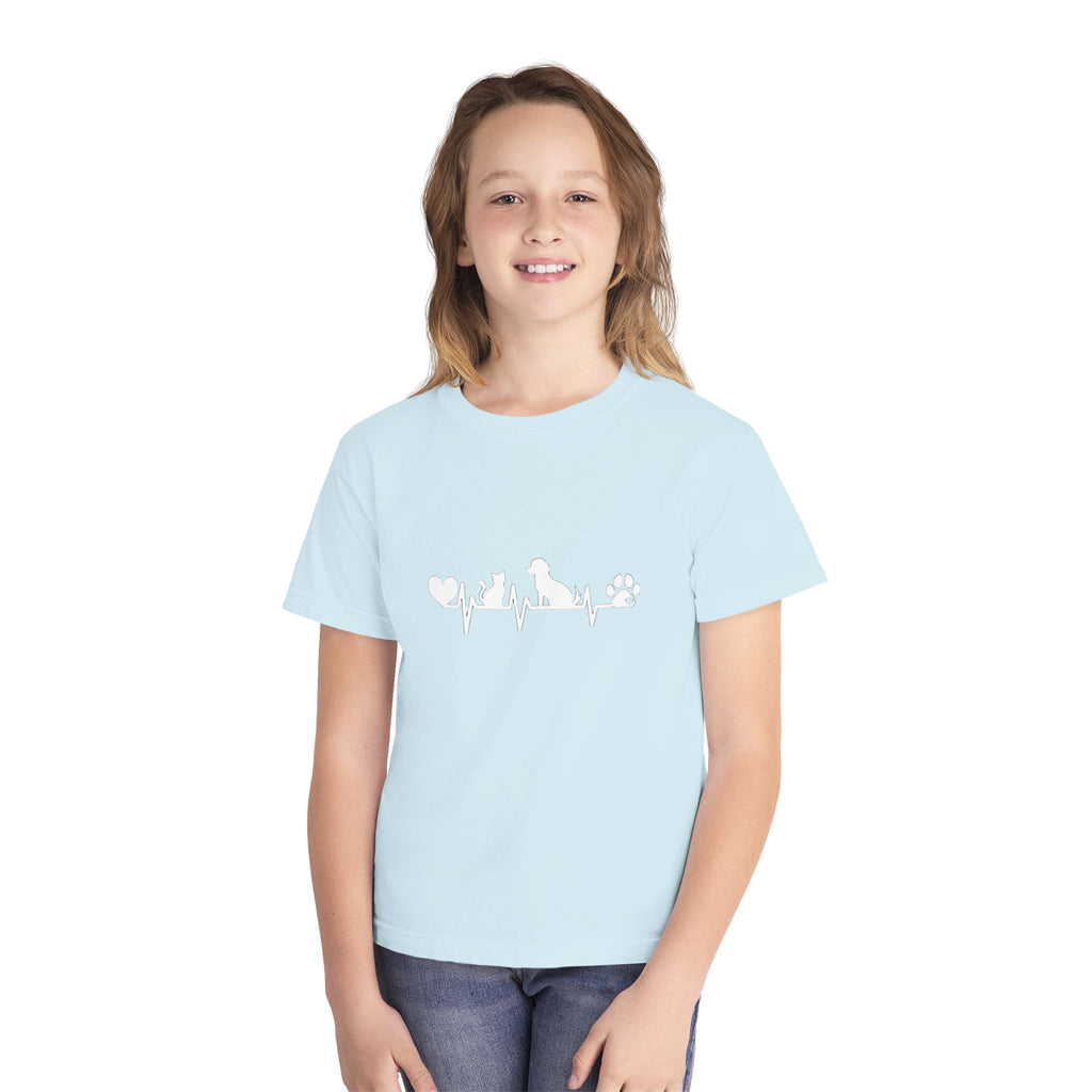 Youth Tee — Cute White Animal Heartbeat Graphic (Kids Casual Top, Spring/Summer)