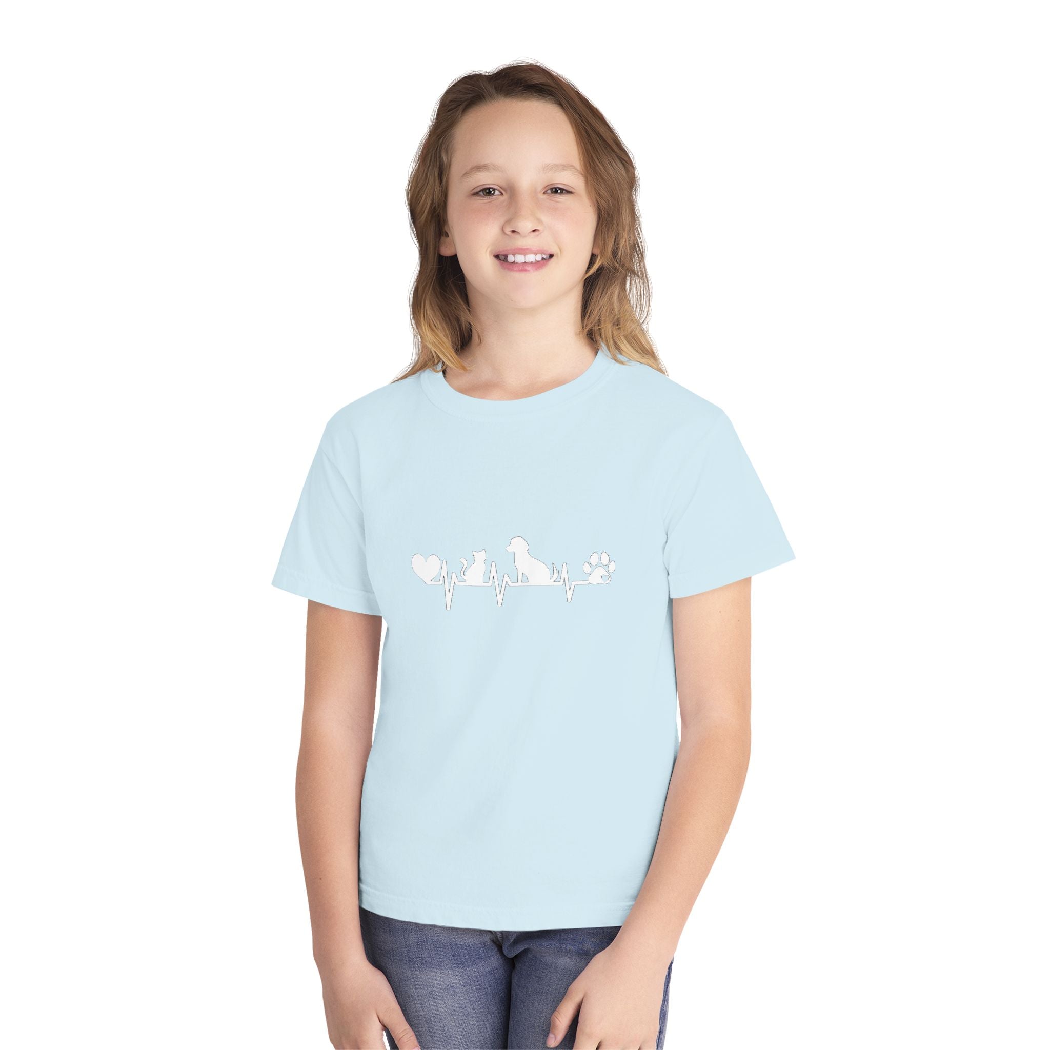 Youth Tee — Cute White Animal Heartbeat Graphic (Kids Casual Top, Spring/Summer)