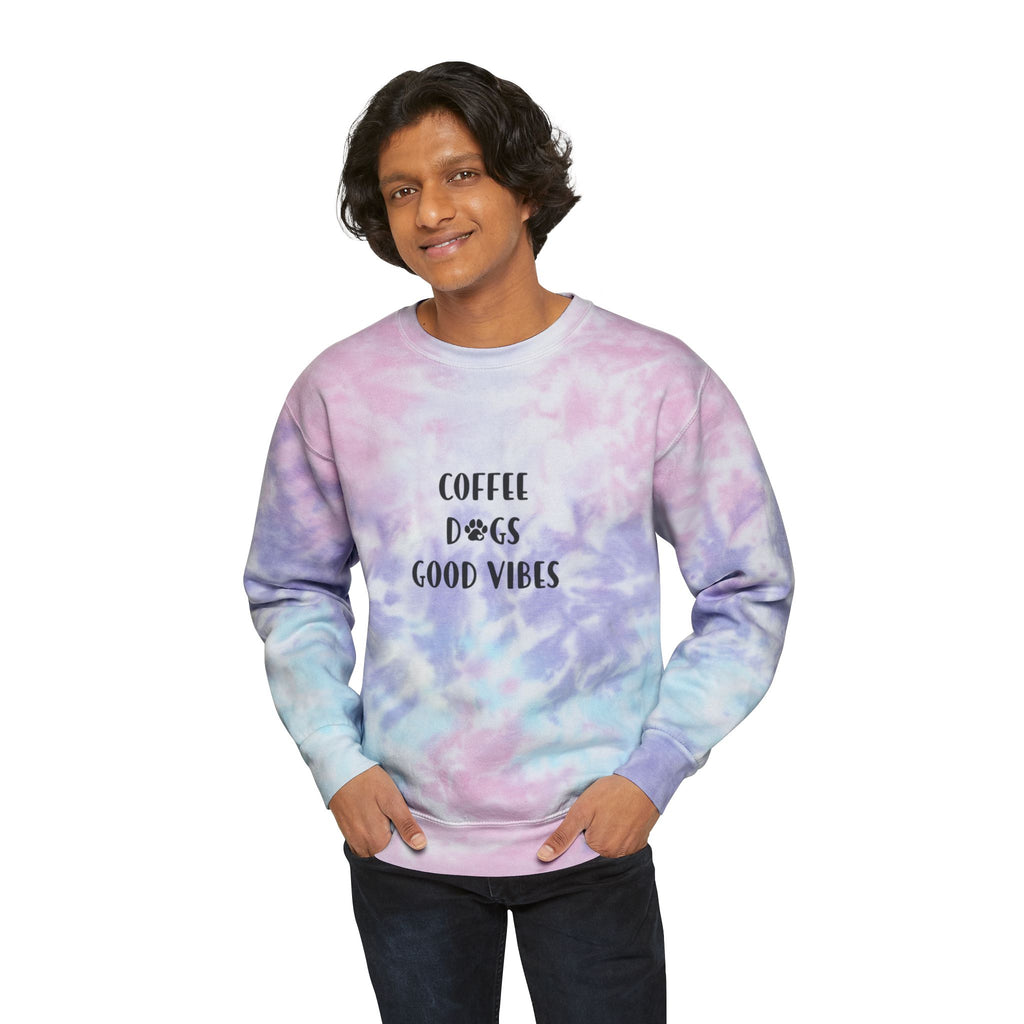 Tie-Dye Sweatshirt — "Coffee Dogs Good Vibes" Light Blue Cozy Pullover