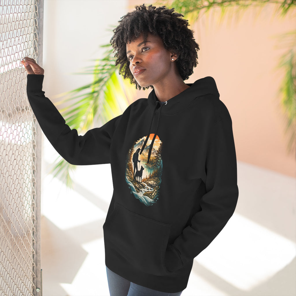 Women's Hiking with Dog in Mountains at Sunset Hoodie