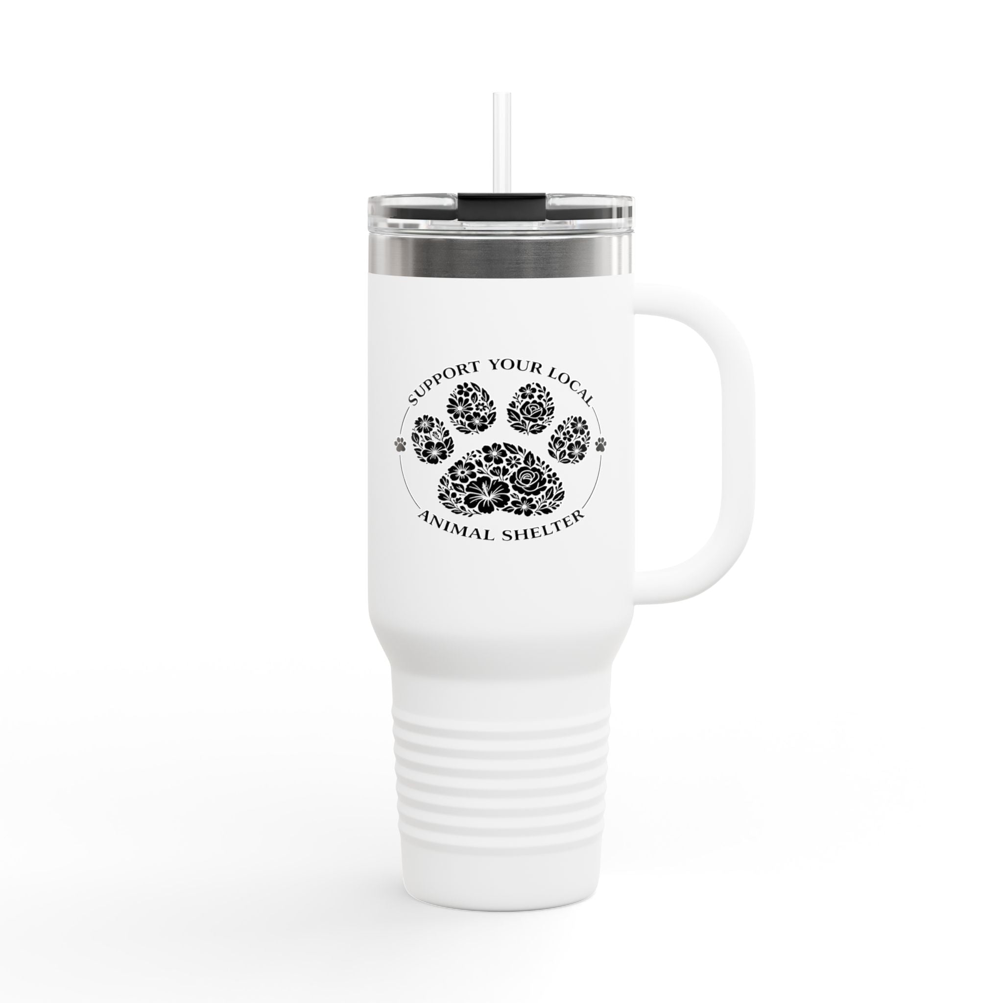 40oz Insulated Travel Mug — "Support Your Local Animal Shelter" Paw Print Design