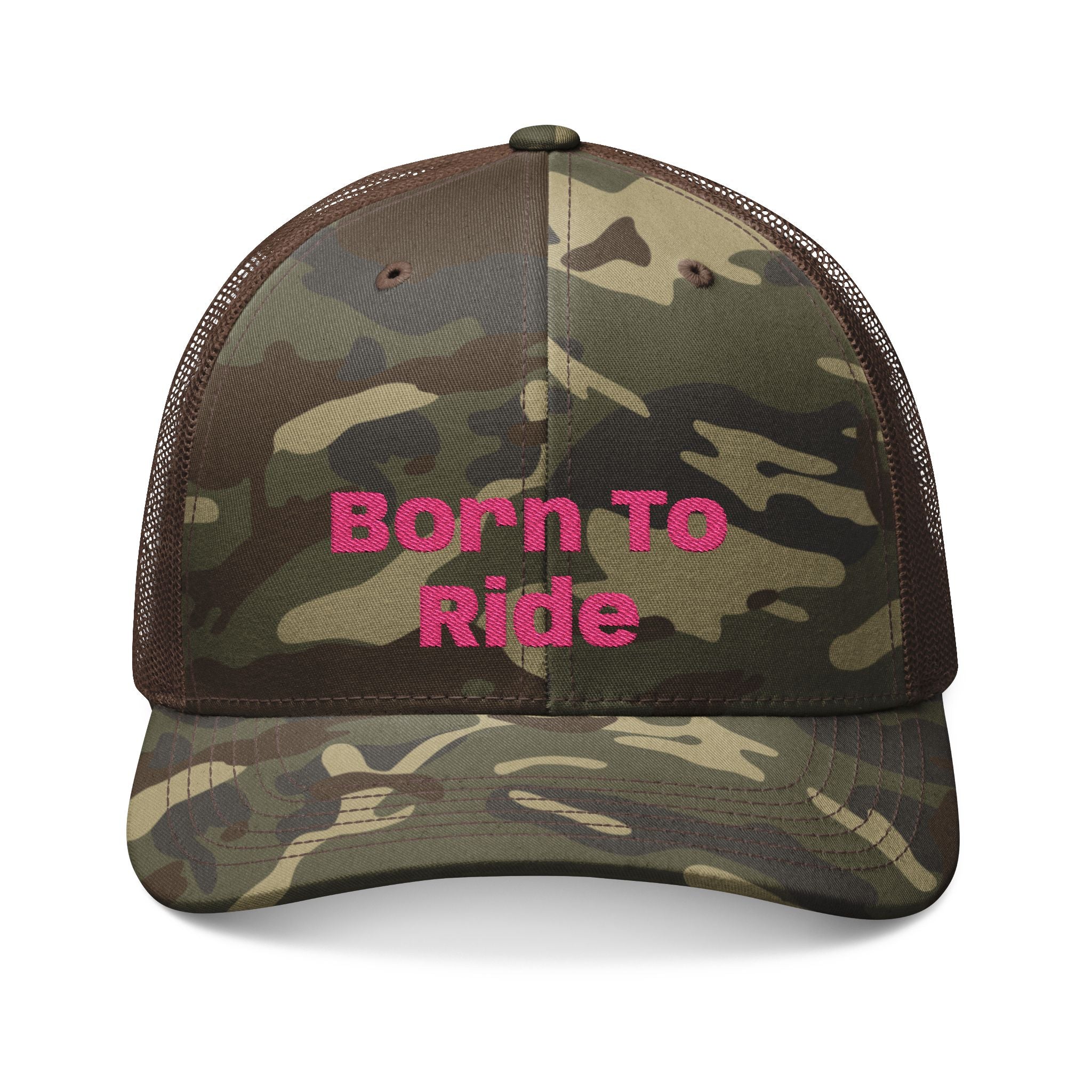 Camouflage Trucker Hat — Embroidered "Born To Ride" Pink