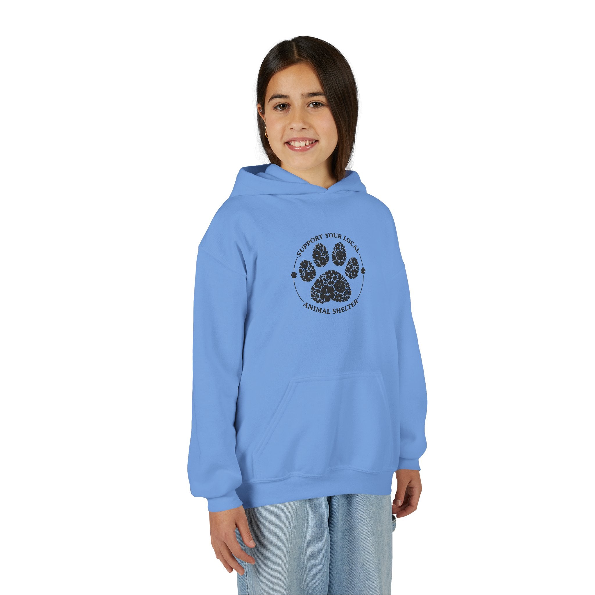 Youth Paw Print Hoodie — 'Support Your Local Animal Shelter' Kids Sweatshirt