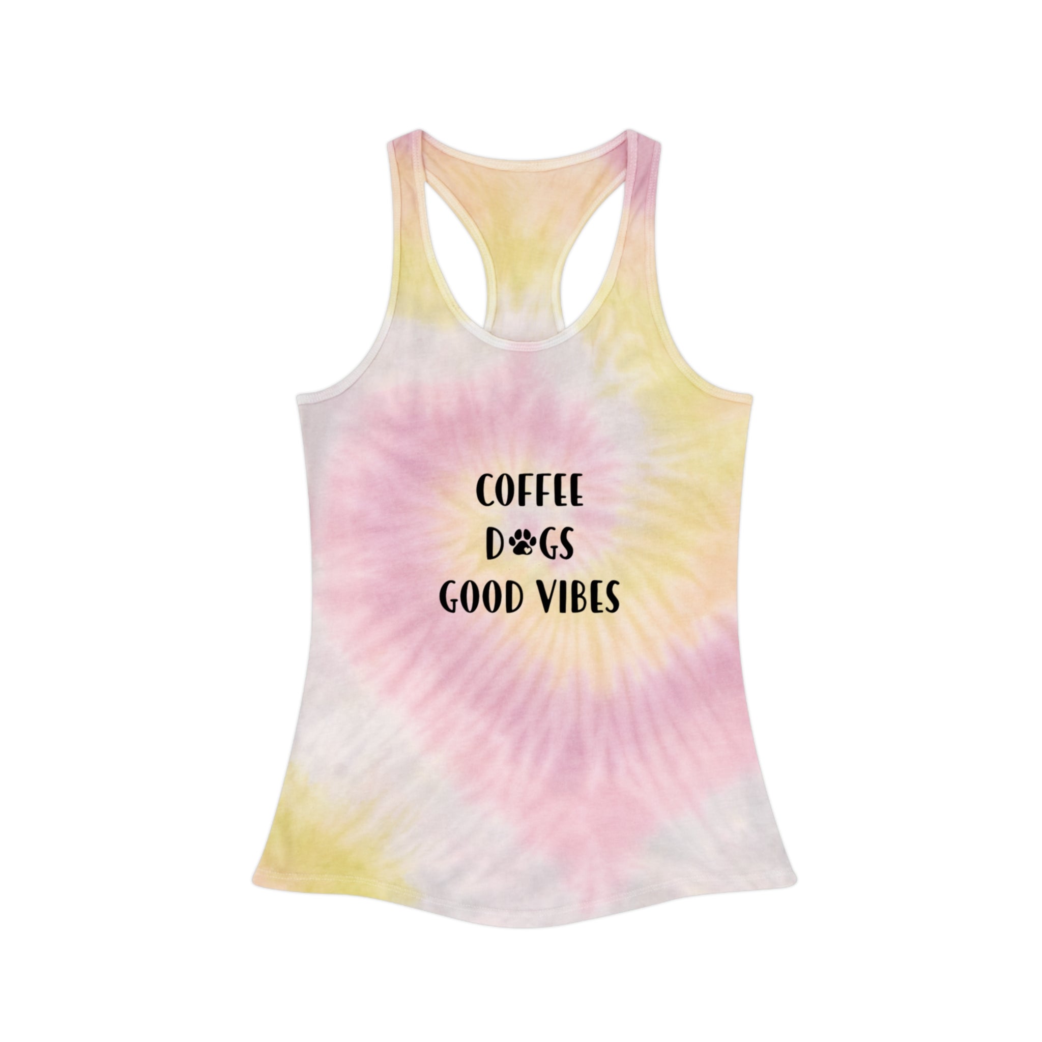 Tie-Dye Racerback Tank — "Coffee Dogs Good Vibes" Light Blue Summer Top