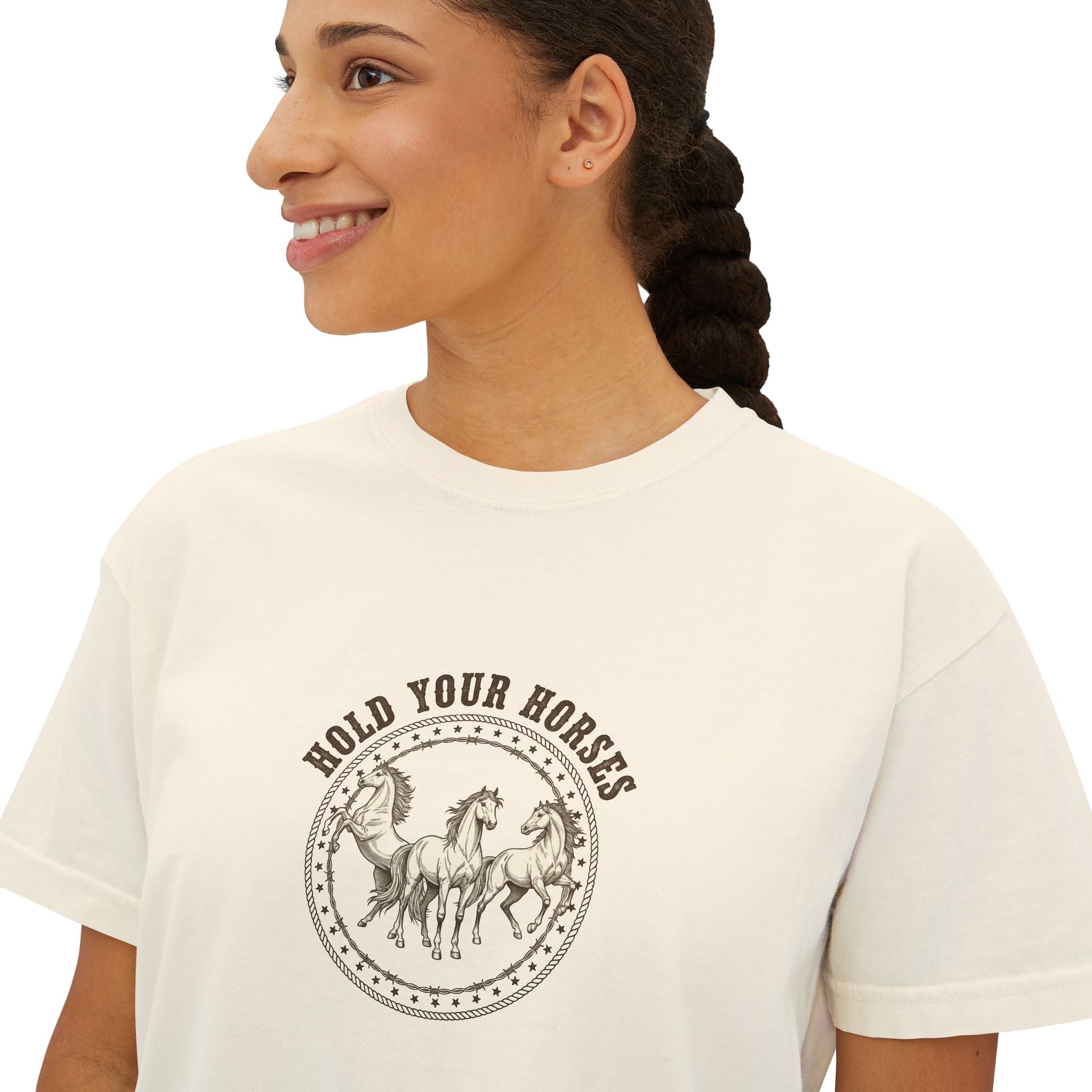 Women's Boxy Tee — 'Hold Your Horses' Vintage Horse Graphic Tee