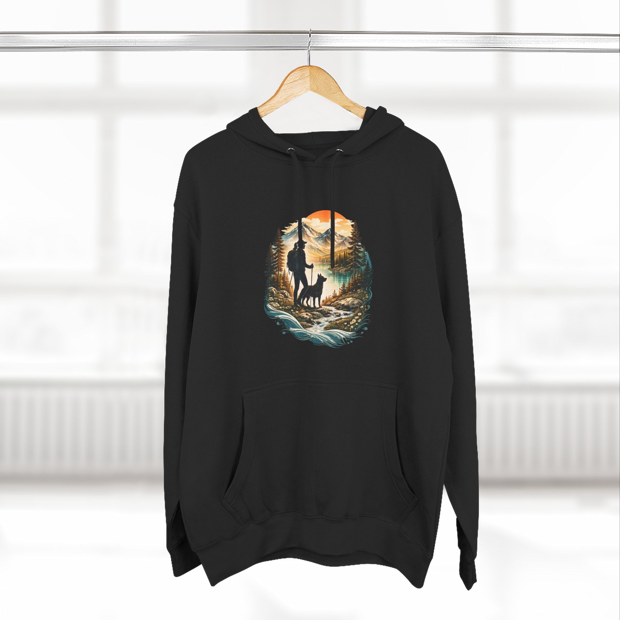 Women's Hiking with Dog in Mountains at Sunset Hoodie