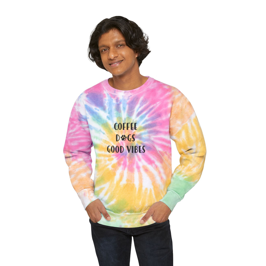 Tie-Dye Sweatshirt — "Coffee Dogs Good Vibes" Light Blue Cozy Pullover