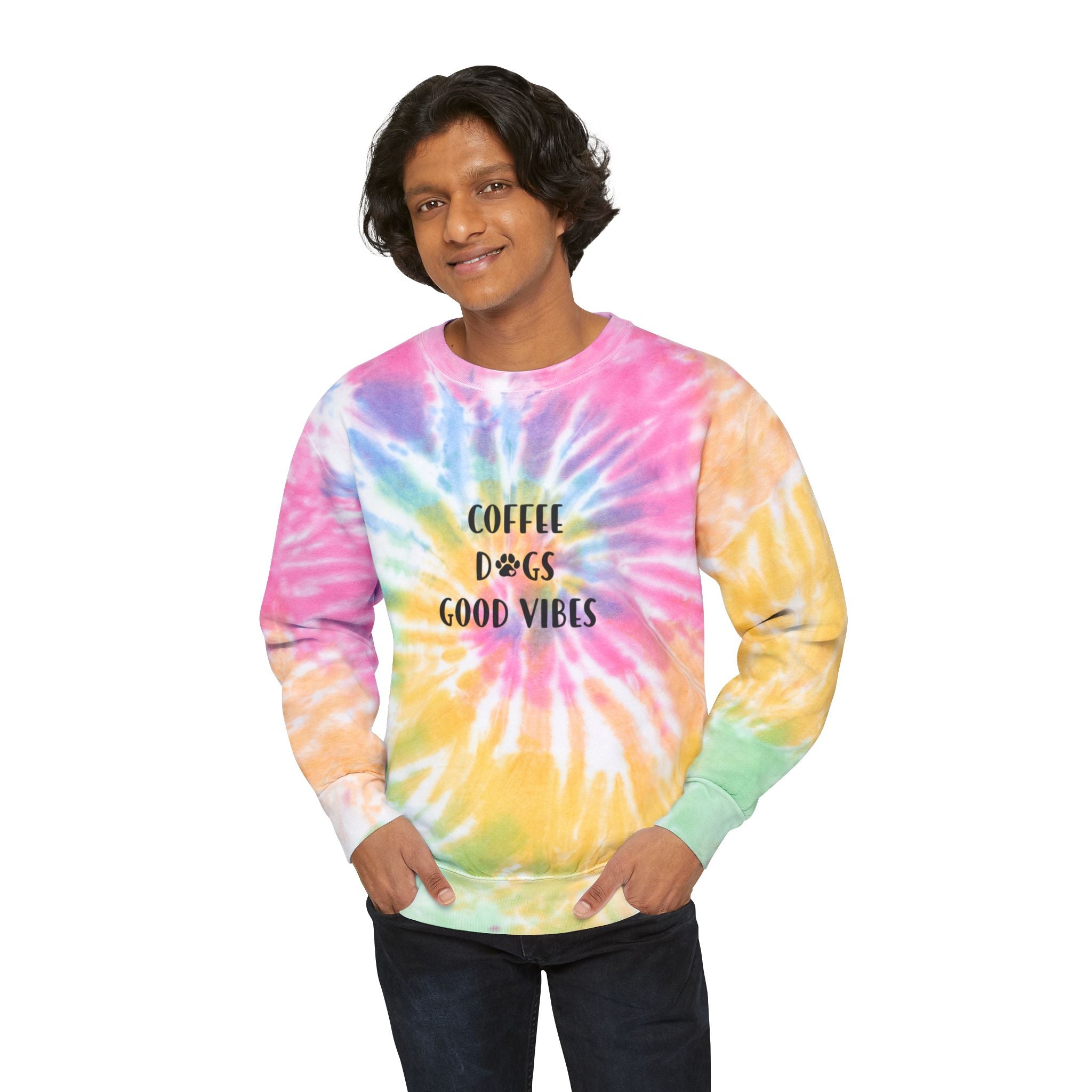 Tie-Dye Sweatshirt — "Coffee Dogs Good Vibes" Light Blue Cozy Pullover