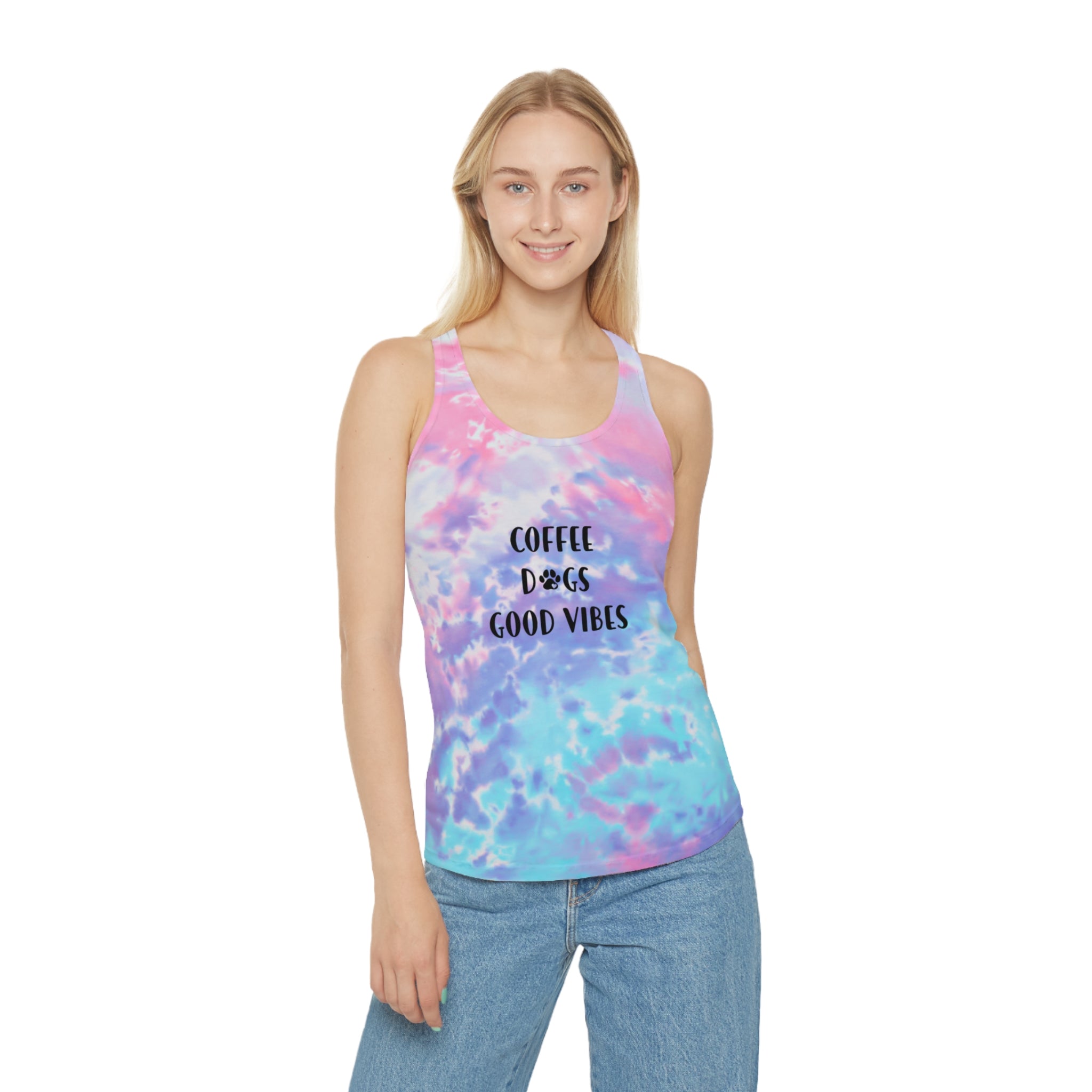 Tie-Dye Racerback Tank — "Coffee Dogs Good Vibes" Light Blue Summer Top