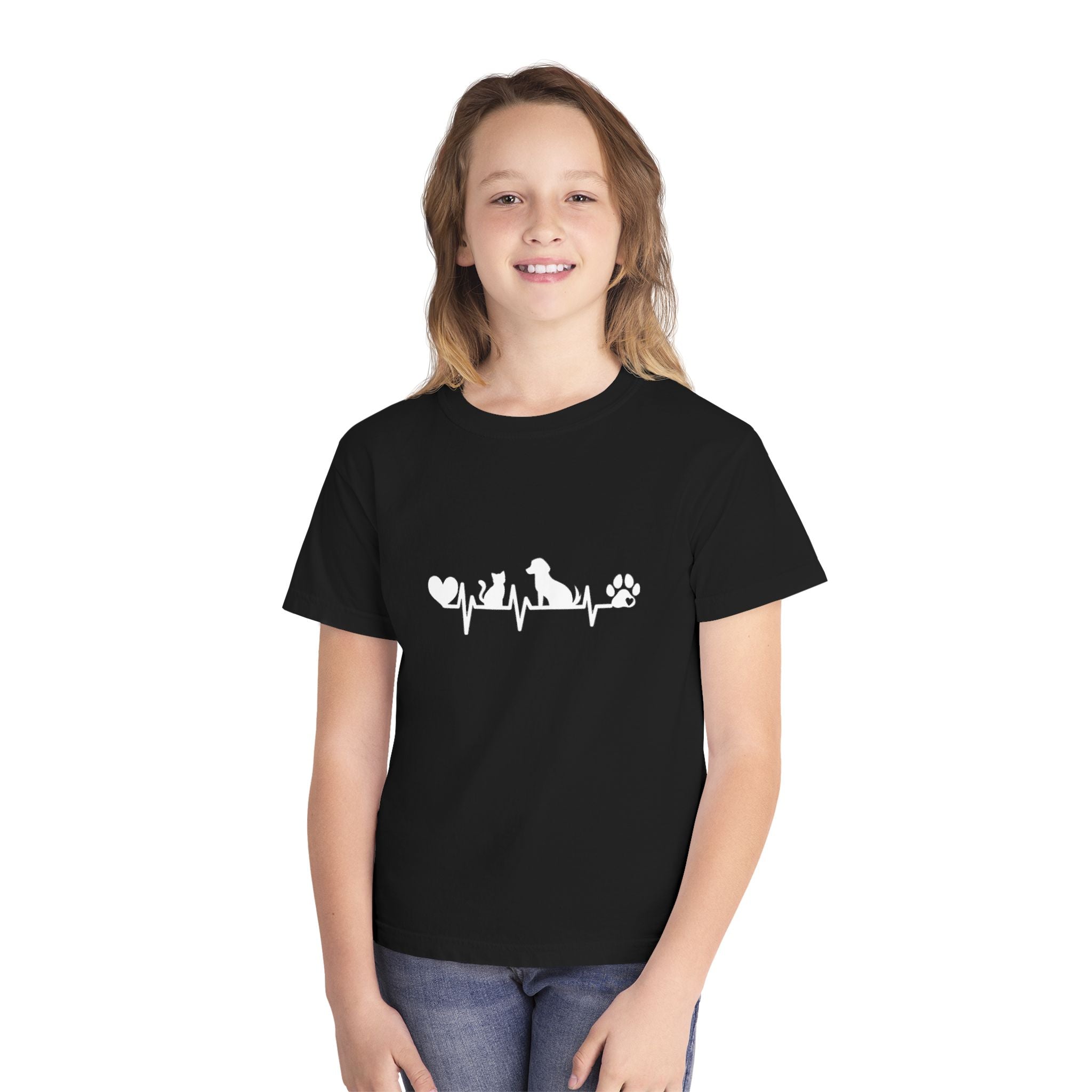 Youth Tee — Cute White Animal Heartbeat Graphic (Kids Casual Top, Spring/Summer)