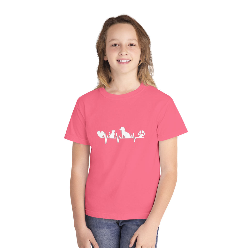 Youth Tee — Cute White Animal Heartbeat Graphic (Kids Casual Top, Spring/Summer)