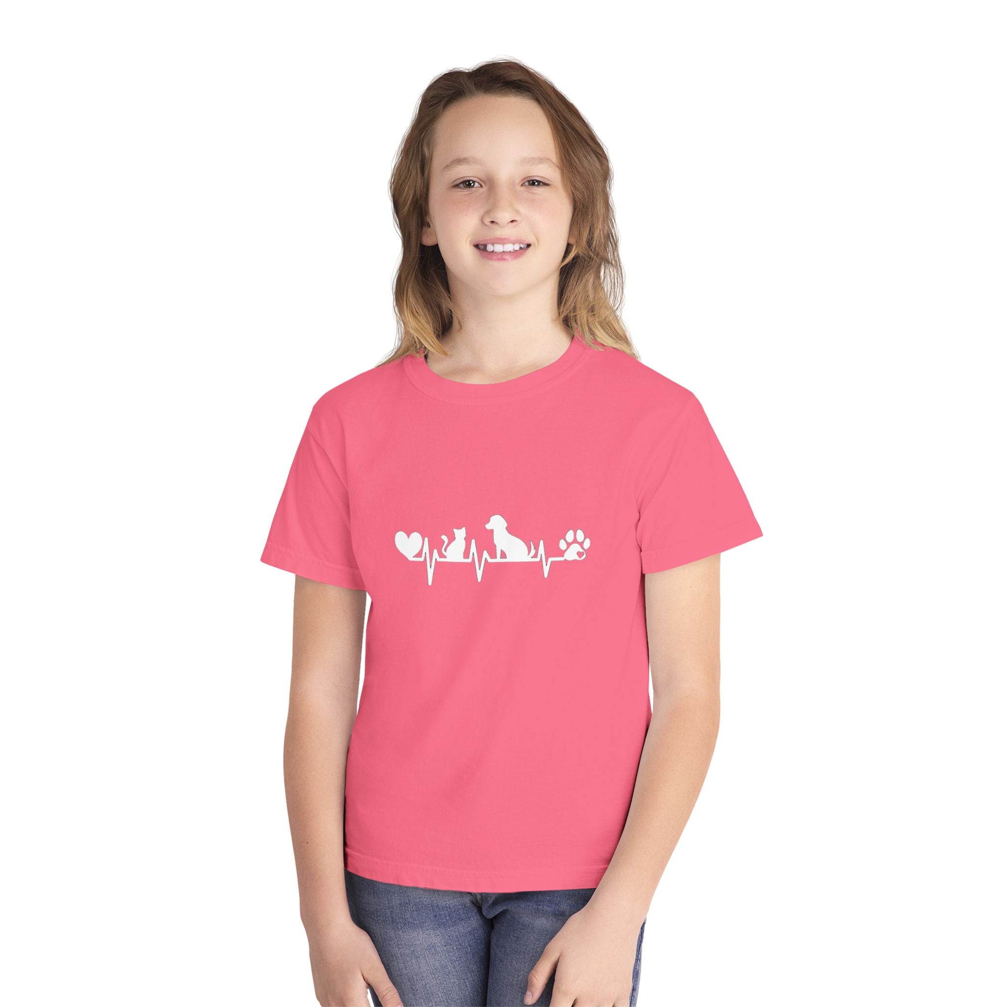 Youth Tee — Cute White Animal Heartbeat Graphic (Kids Casual Top, Spring/Summer)
