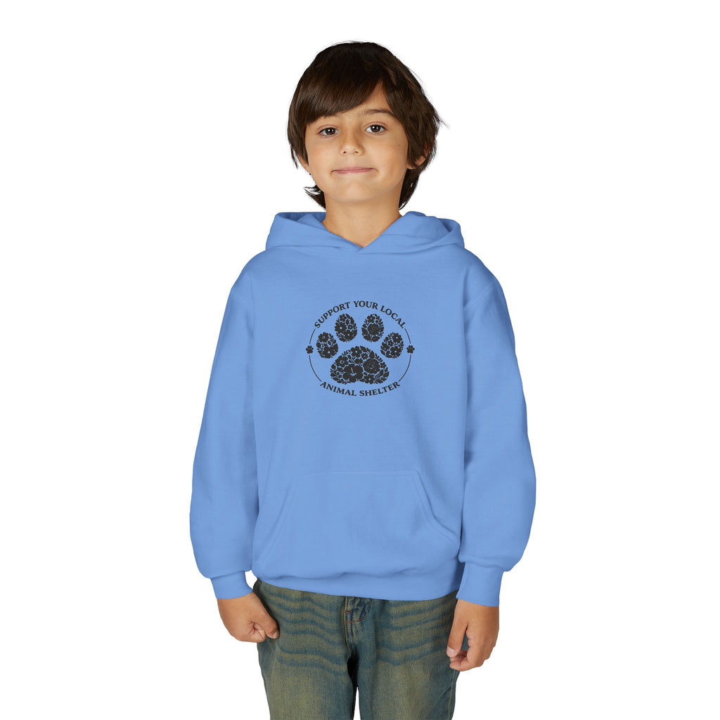 Youth Paw Print Hoodie — 'Support Your Local Animal Shelter' Kids Sweatshirt