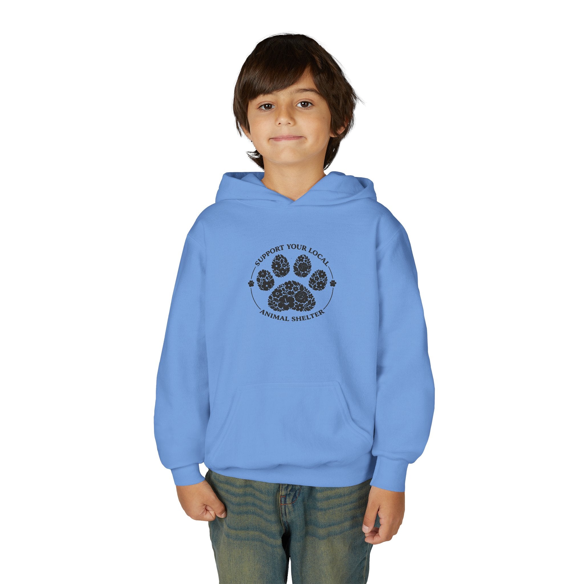 Youth Paw Print Hoodie — 'Support Your Local Animal Shelter' Kids Sweatshirt