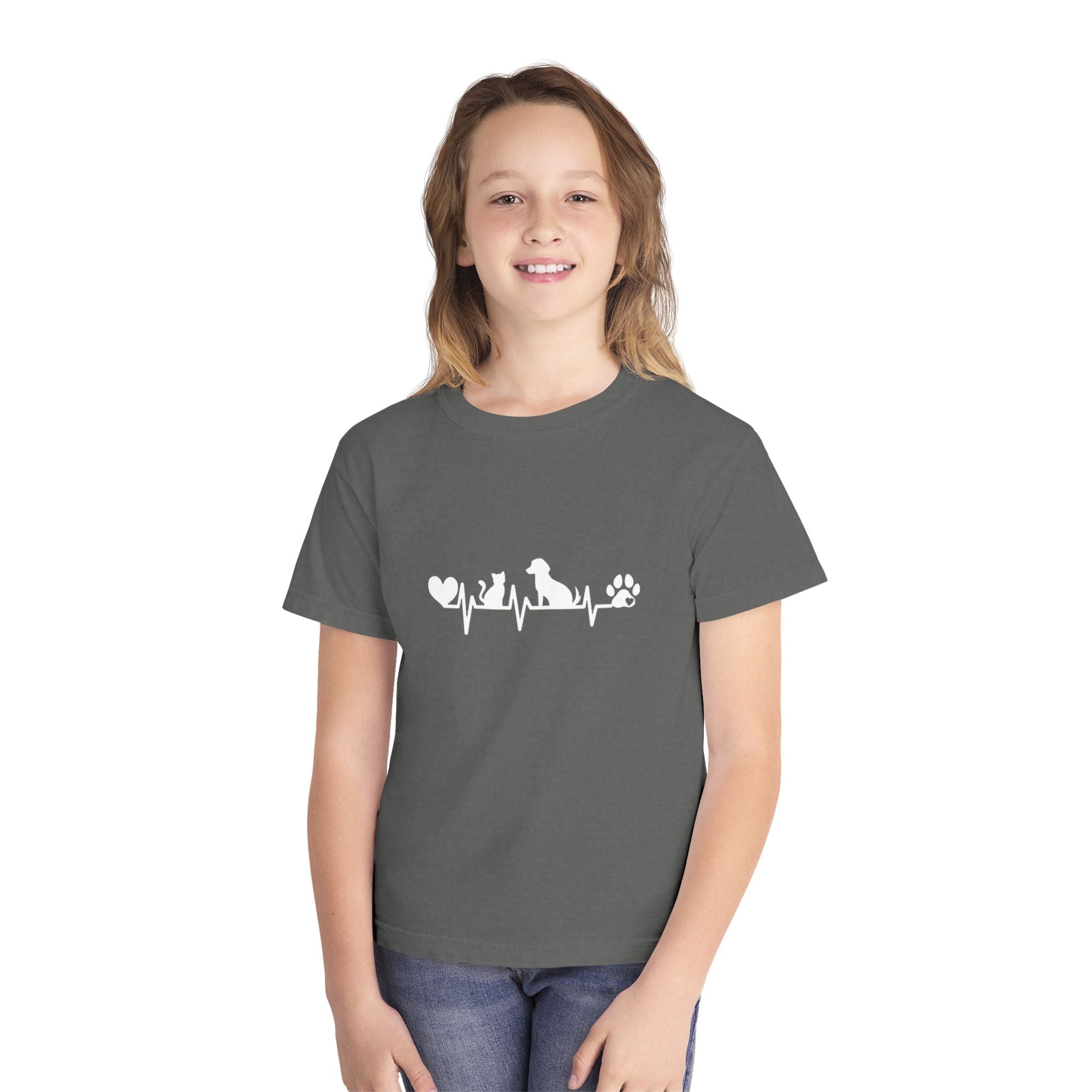 Youth Tee — Cute White Animal Heartbeat Graphic (Kids Casual Top, Spring/Summer)