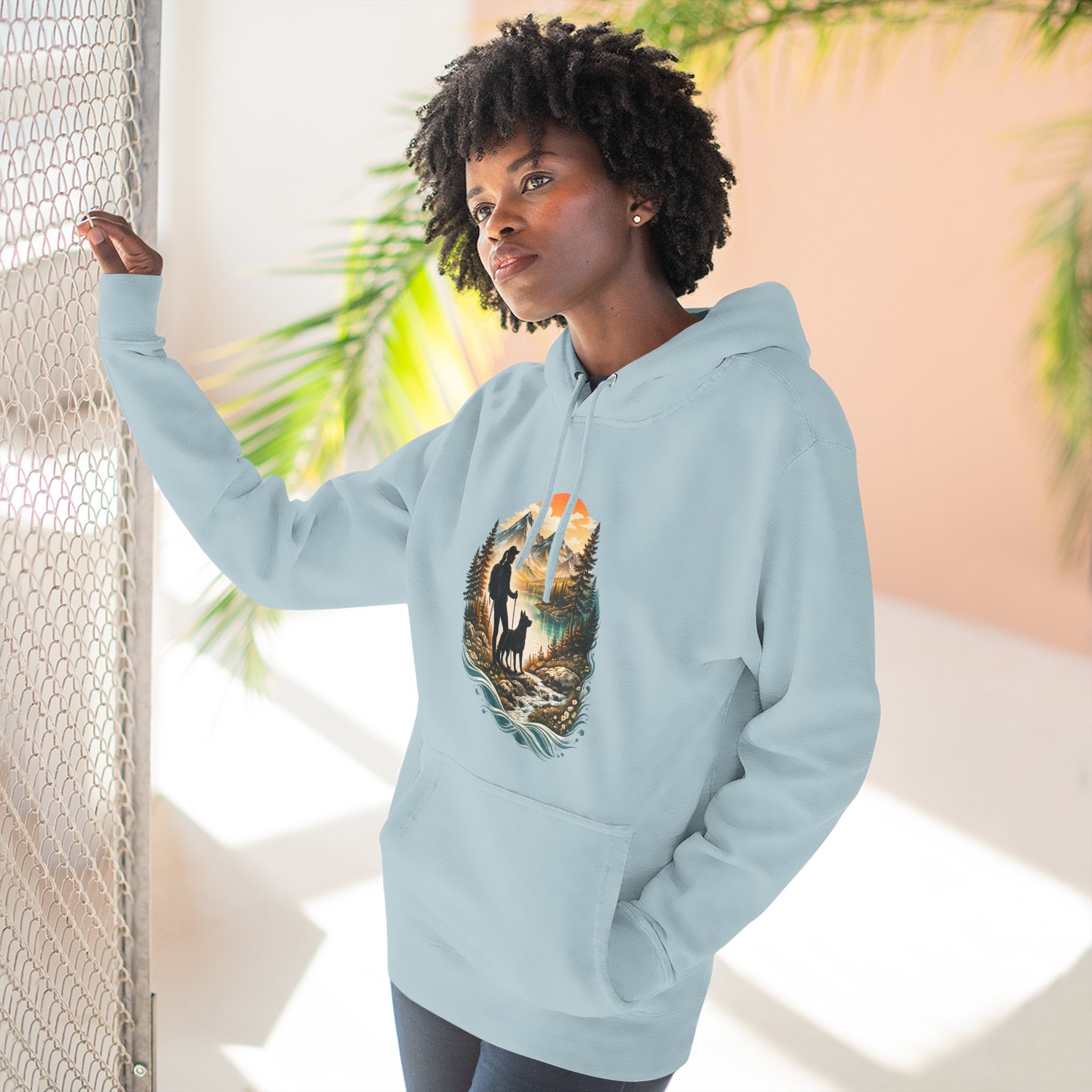 Women's Hiking with Dog in Mountains at Sunset Hoodie