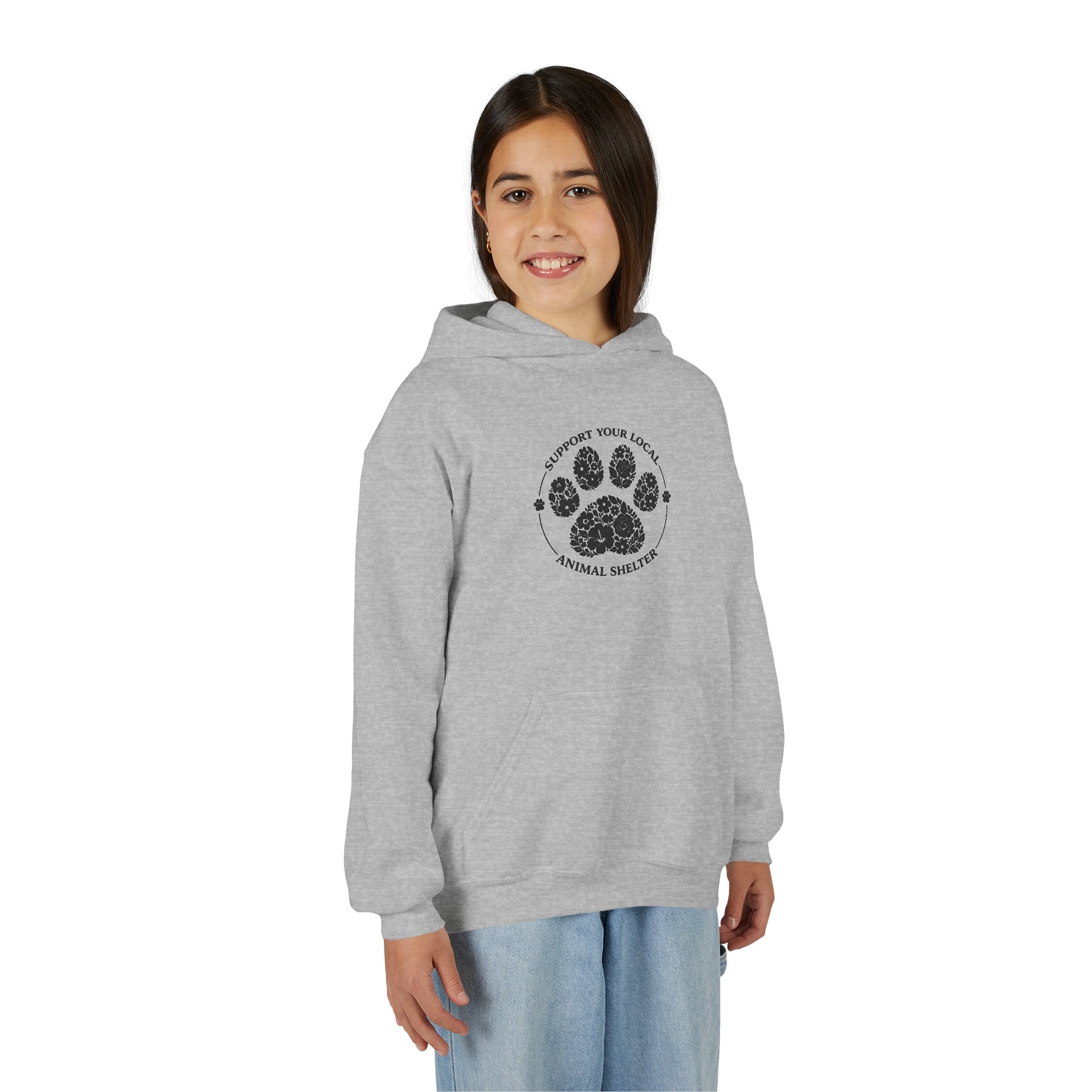 Youth Paw Print Hoodie — 'Support Your Local Animal Shelter' Kids Sweatshirt