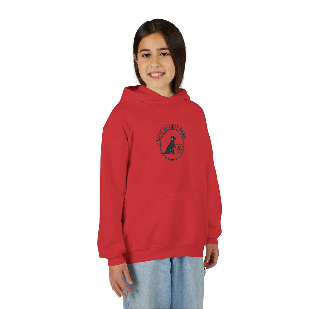 Youth Hoodie — "Love at First Bark" Puppy Graphic