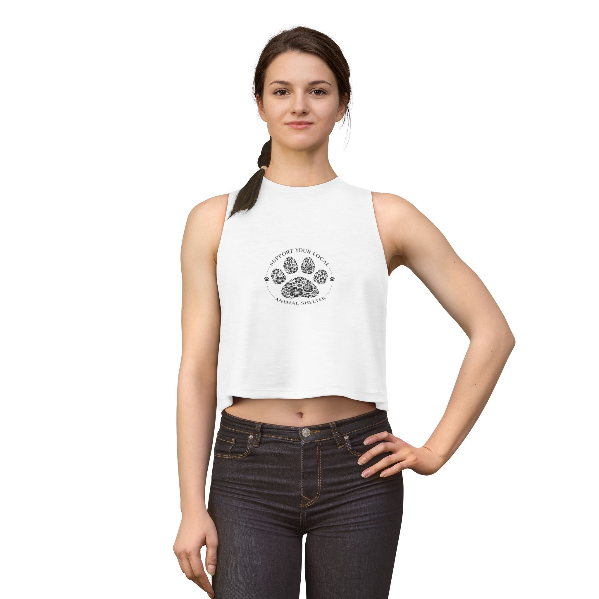 Animal Shelter Paw Print Crop Top — "Support Your Local Animal Shelter" Women's Tank