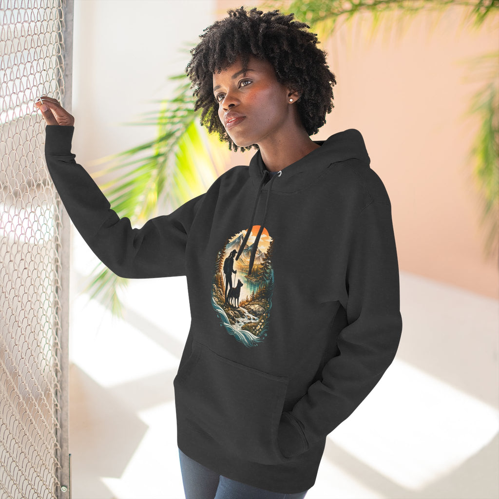 Women's Hiking with Dog in Mountains at Sunset Hoodie
