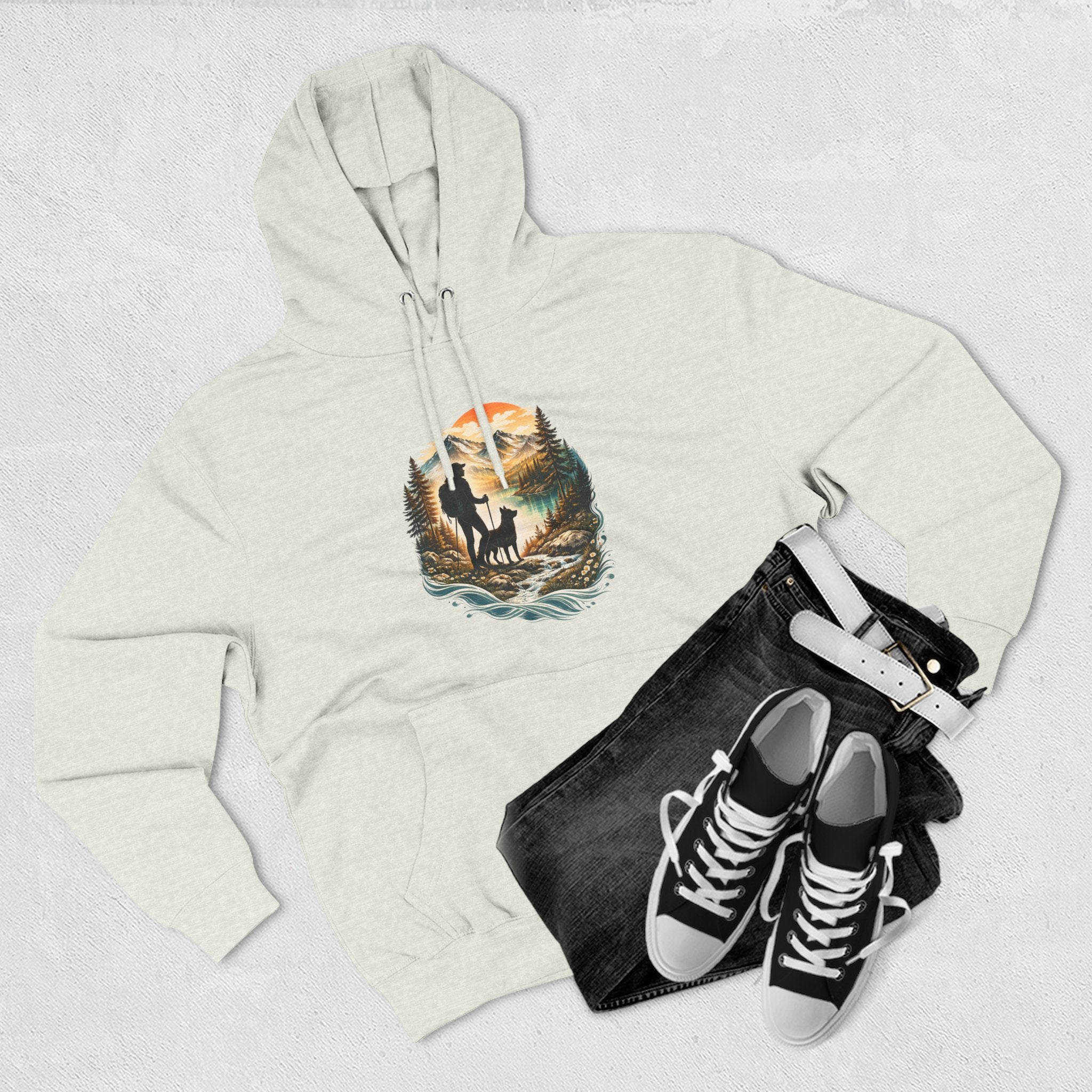 Women's Hiking with Dog in Mountains at Sunset Hoodie