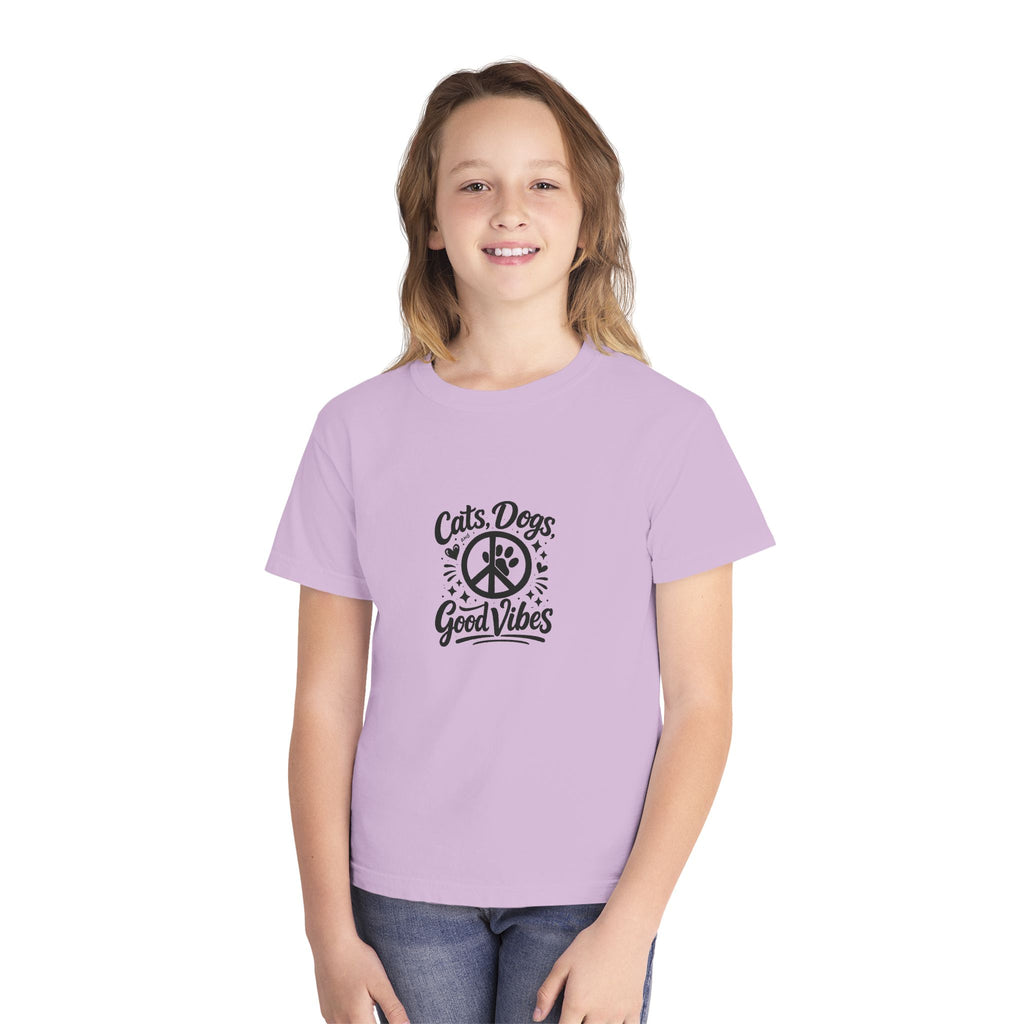 Youth Tee - "Cats. Dogs. Good Vibes" Peace Sign Graphic