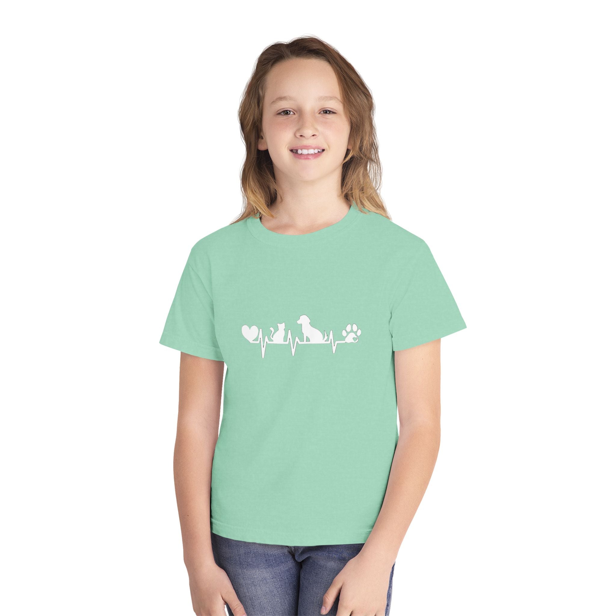 Youth Tee — Cute White Animal Heartbeat Graphic (Kids Casual Top, Spring/Summer)